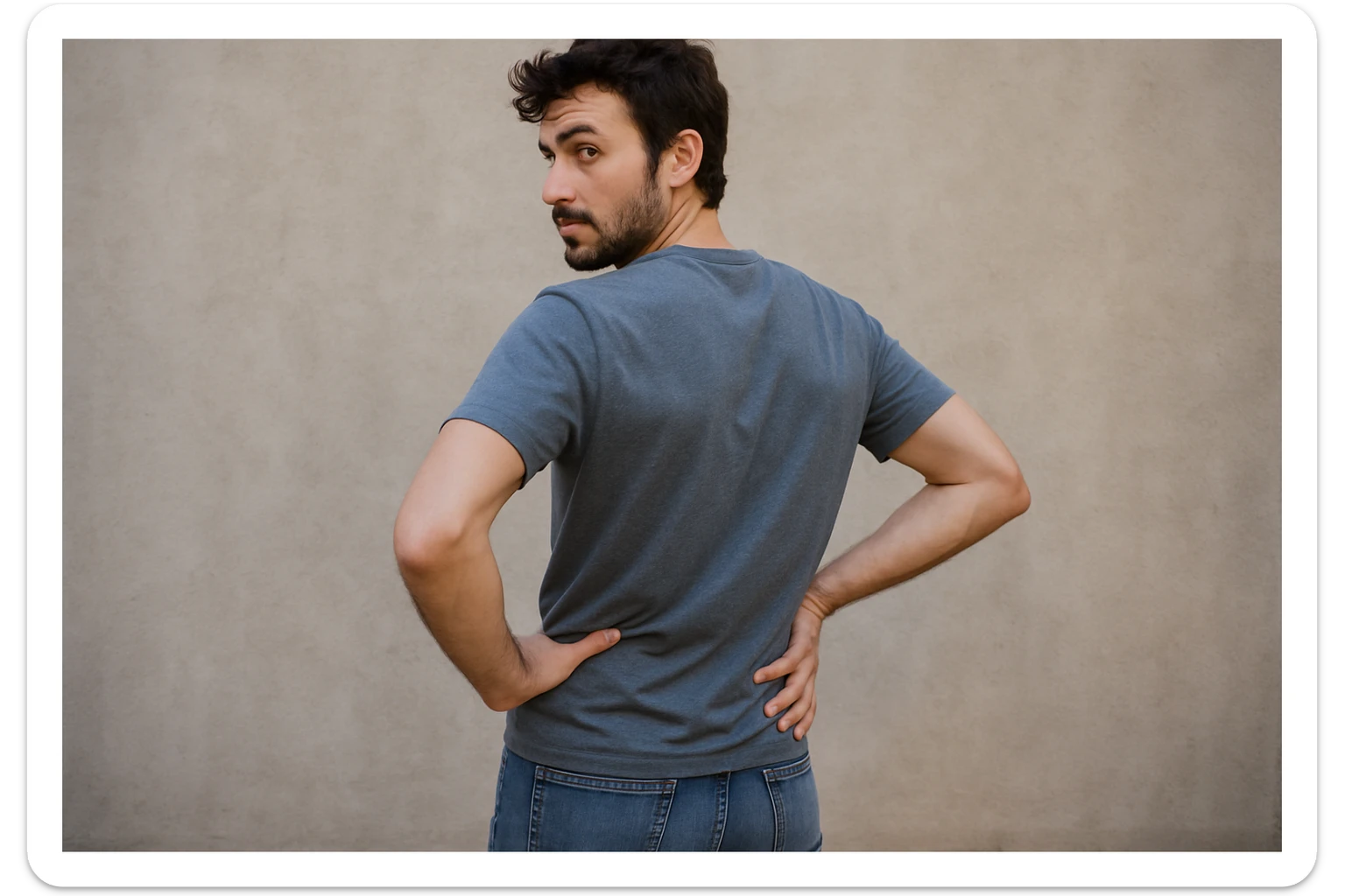 Rakurs orqadan oldiga qarab turgan inson qo'lini beliga qo'yib turgan sticker