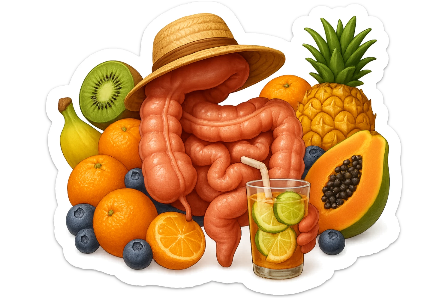 EMOJI STILE IPHONE DI INTESTINO UMANO REALISTICO CON CAPPELLO DI PAGLIA DA SPIAGGIA CHE BEVE UN Tè FREDDO IN BICCHIERE DI VETRO CON DENTRO  fette di cetriolo, limone, lime, DIETRO L'INTESTINO C'è UNA MONTAGNA DI PEZZI DI FRUTTA: Kiwi
Banana acerba
Arance e mandarini
Mirtilli
Ananas
Papaya
IPERREALISTICO 4K sticker