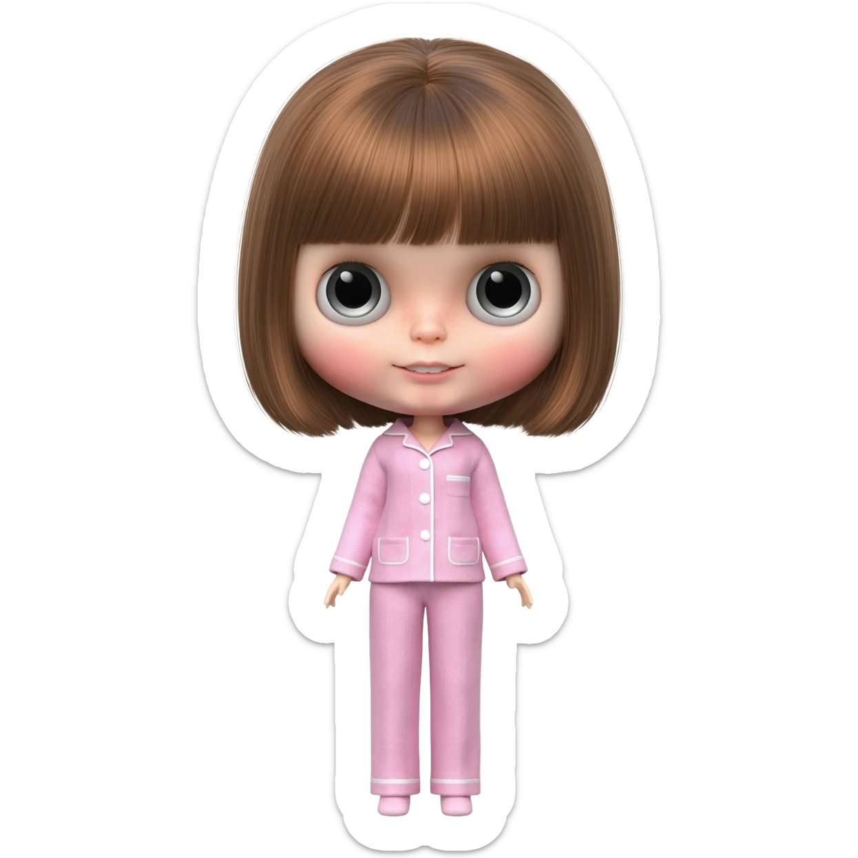 Make me an emoji that is wearing pajamas maker her a Blythe doll type emoji sticker
