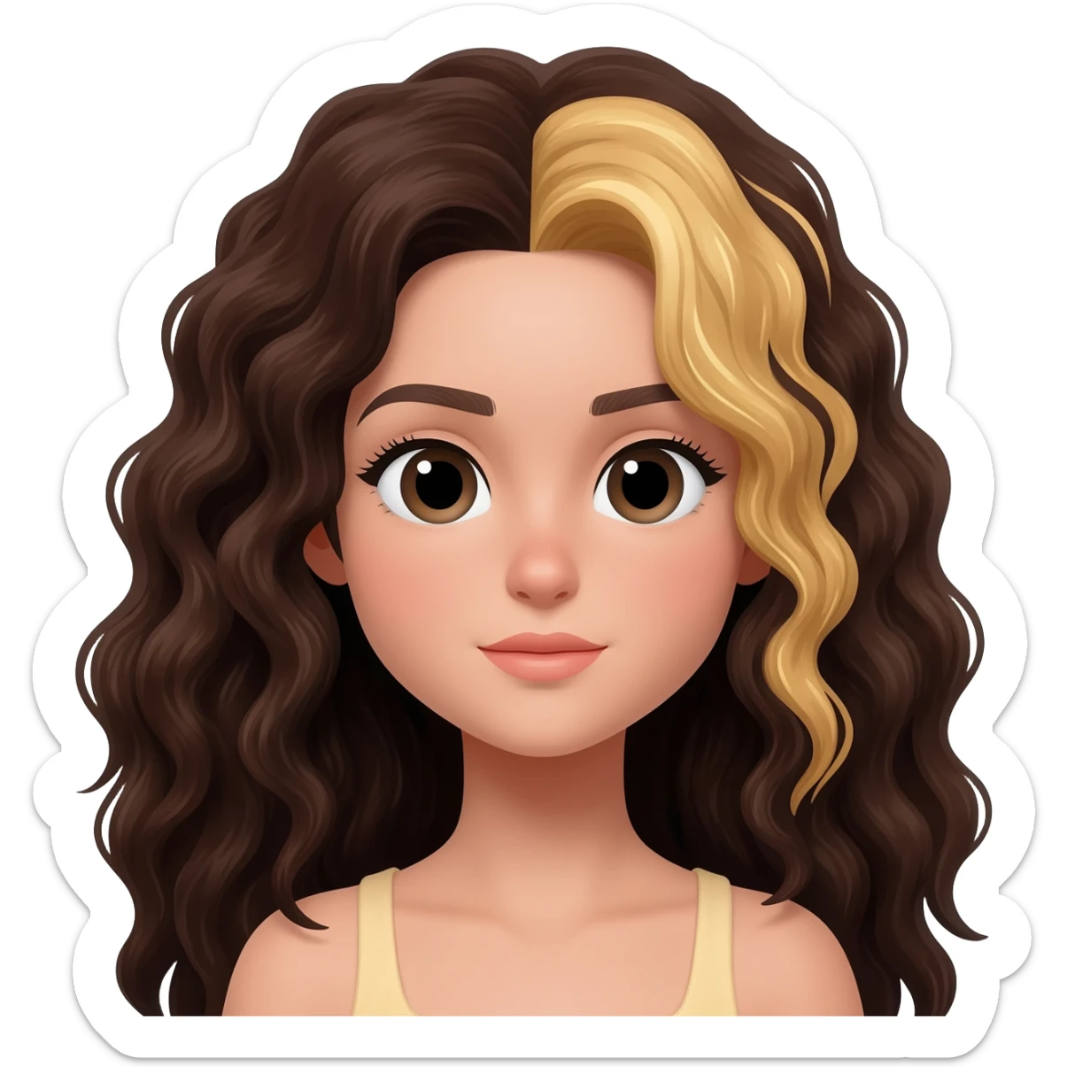 A girl with long dark brown curly hair blond streaks sticker