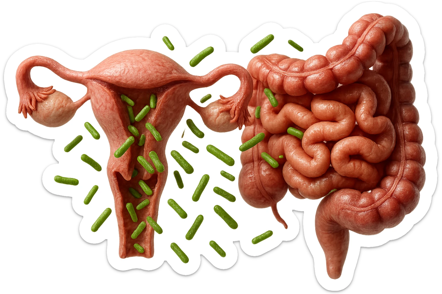 UTERO UMANO E INTESTINO ANATOMICI REALISTICI SONO UNO ACCANTO ALL'ALTRO E SI PASSANO I BATTERI A VICENDA, CON BATTERI CHE ESCONO DALL'INTERNO, IPERREALISTICO 4K, NON DISEGNATO sticker