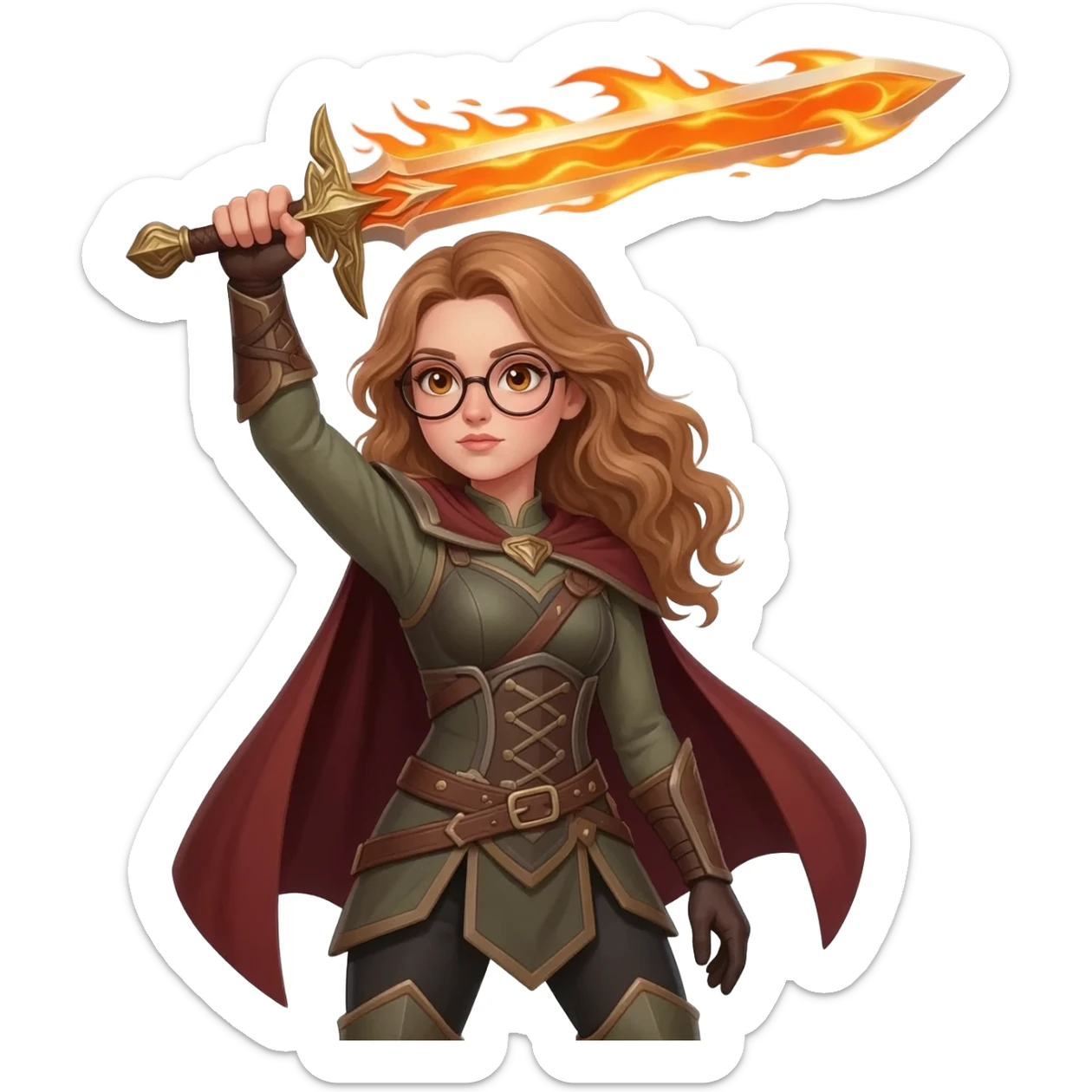 detailed emoji illustration of a woman with long light brown wavy hair and light brown eyes wearing round glasses, raising a flaming sword above her head, heroic fantasy pose, emoji style sticker