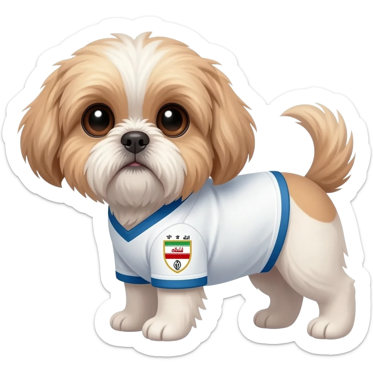 white and light brown shih zhu wearing a Iran soccer jersey v neck 2026 work cup sticker