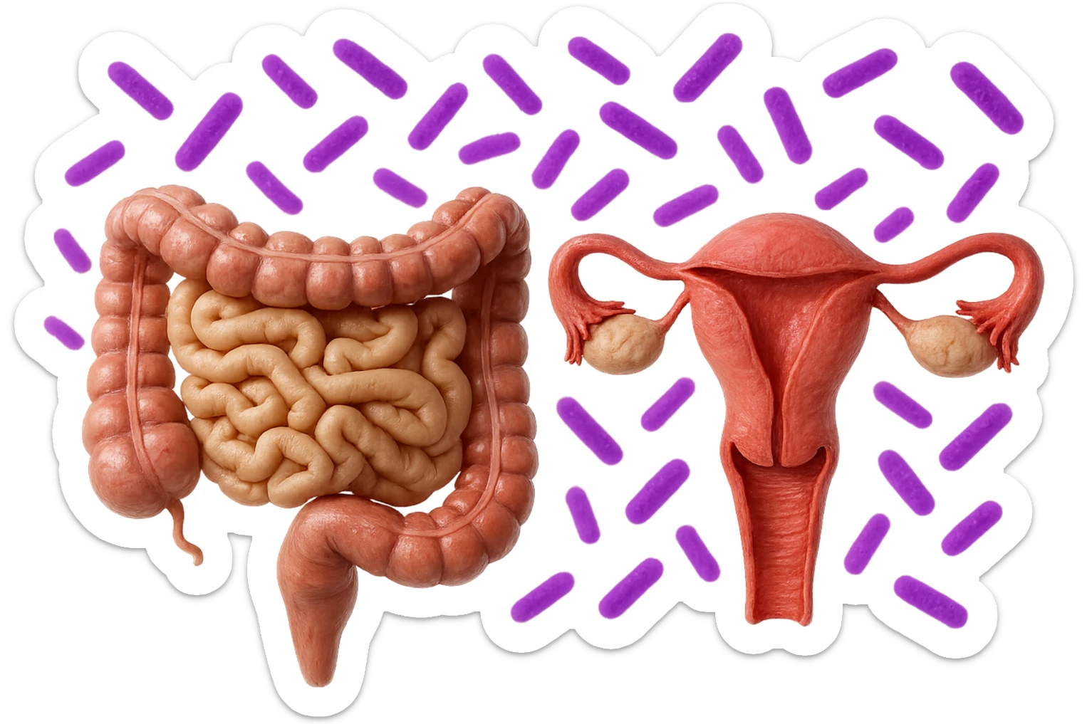 intestino umano anatomico realistico accanto ad un utero umano anatomico realistico, dietro i due organi fluttuano batteri intestinali con questo colore: #971ef1, iperrealistico 4k
isolata su sfondo bianco sticker