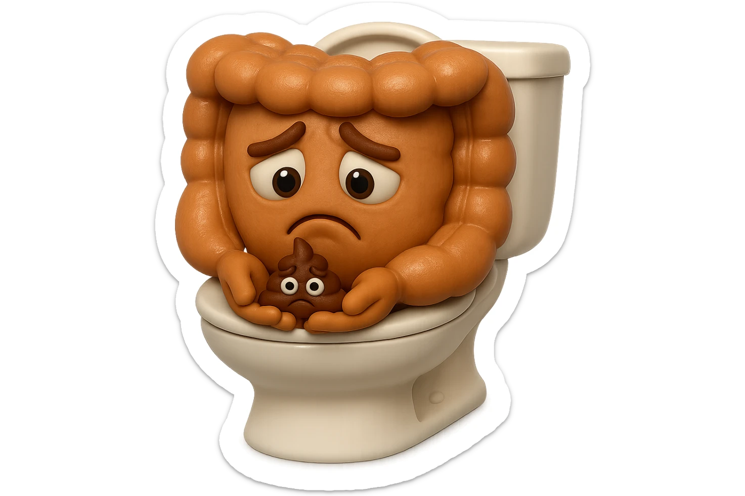 emoji stile iphone di un intestino realistico 3d che esce dal wc con in mano una montagnetta di feci con espressione triste a palline, iperrealistico 4k sticker