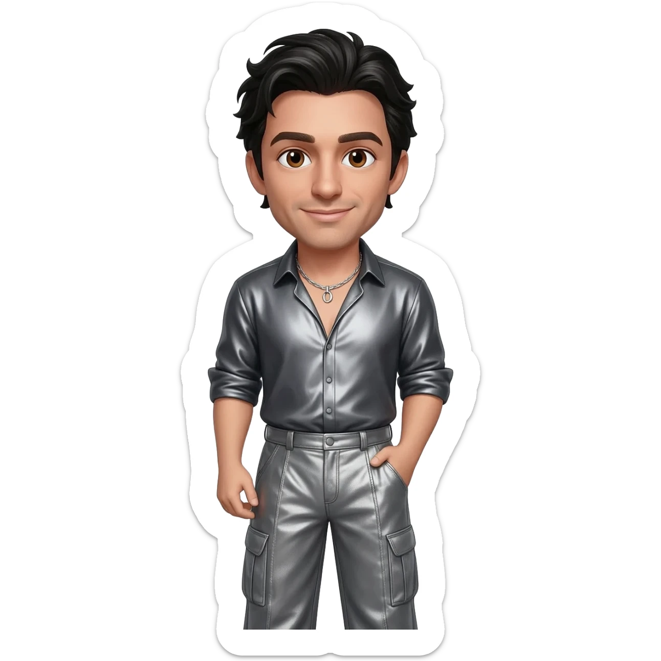 Chris Kirkpatrick from NSYNC with brown eyes, black hair, charcoal metallic shirt, warm gray metallic long baggy pants, silver necklace sticker