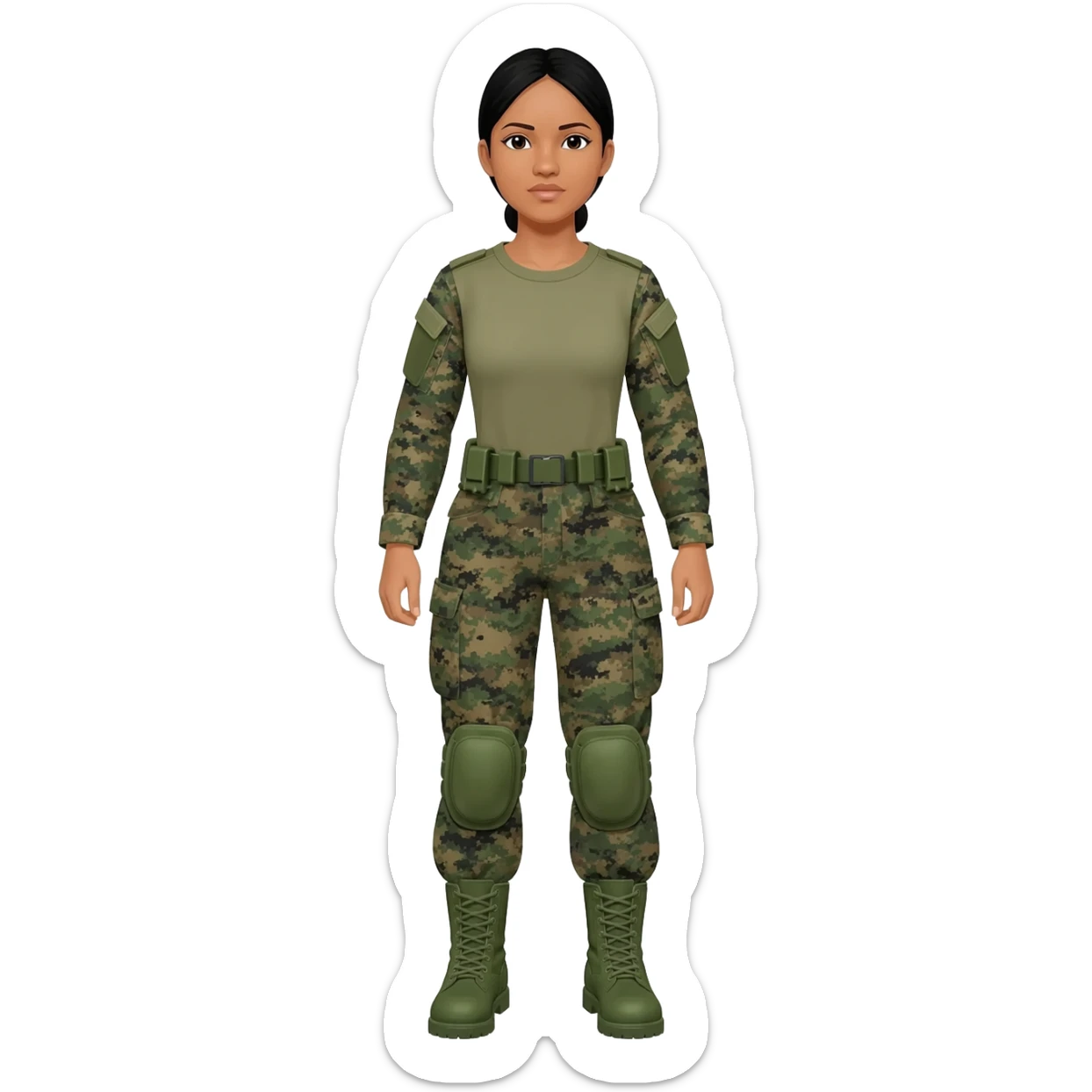 Filipino female army soldier bdu camo with green combat boots no plate carrier and no belt no knee pads long sleeve sticker