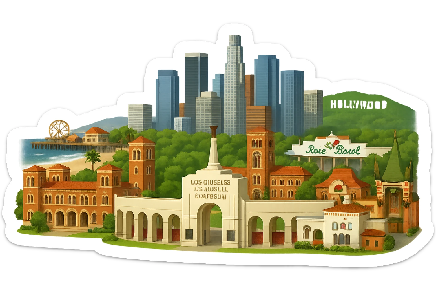 Adjust the Los Angeles emoji to prominently include more of the Los Angeles Memorial Coliseum, making it a more complete and detailed feature in the cityscape. Keep all buildings realistic with lifelike architectural detail and accurate proportions. Maintain the current layout exactly: Coliseum arches, Royce Hall at UCLA, Bovard Administration Building at USC, Rose Bowl Stadium with its neon sign positioned more inland, Santa Monica Pier and beach at the coast, downtown LA skyline, Chinese Theater, and Hollywood Sign. Use accurate colors and bright daytime lighting. The background should be fully transparent with no sky, no clouds, and no city name label. Do not change the layout or composition except to show more of the Coliseum. sticker