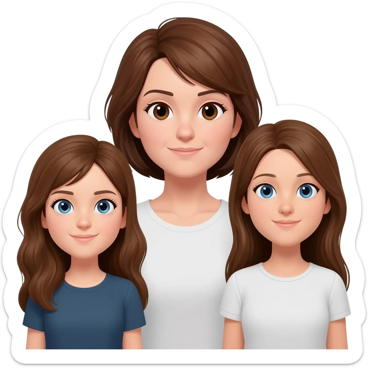 Mom (brown hair and brown eyes) and two 25 year old adult daughters (brown hair and blue eyes) all with pale skin And all the same size sticker