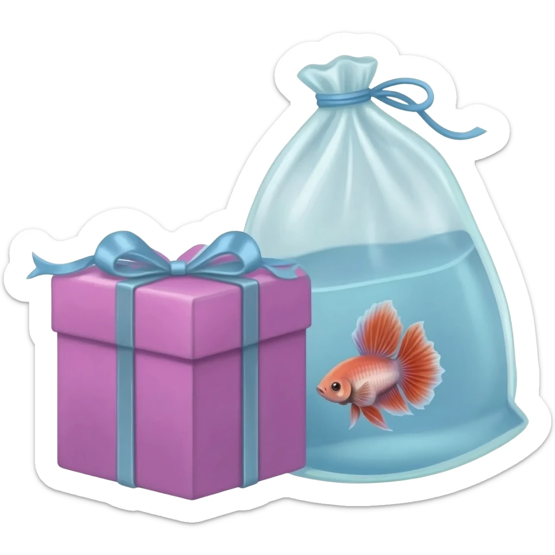 birthday gift box put a  box in pink and blue strap put a betta fish bag and a betta fish inside of the betta fish bag in birthday gift box sticker