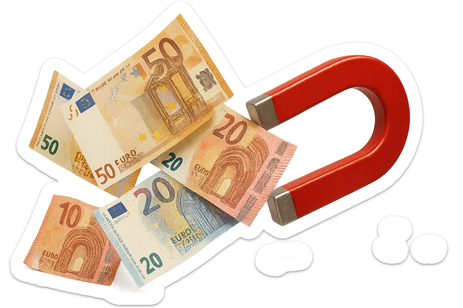 banconote di euro fluttuano vicino ad una calamita rossa, sono attratte, iperrealistico 4k sticker