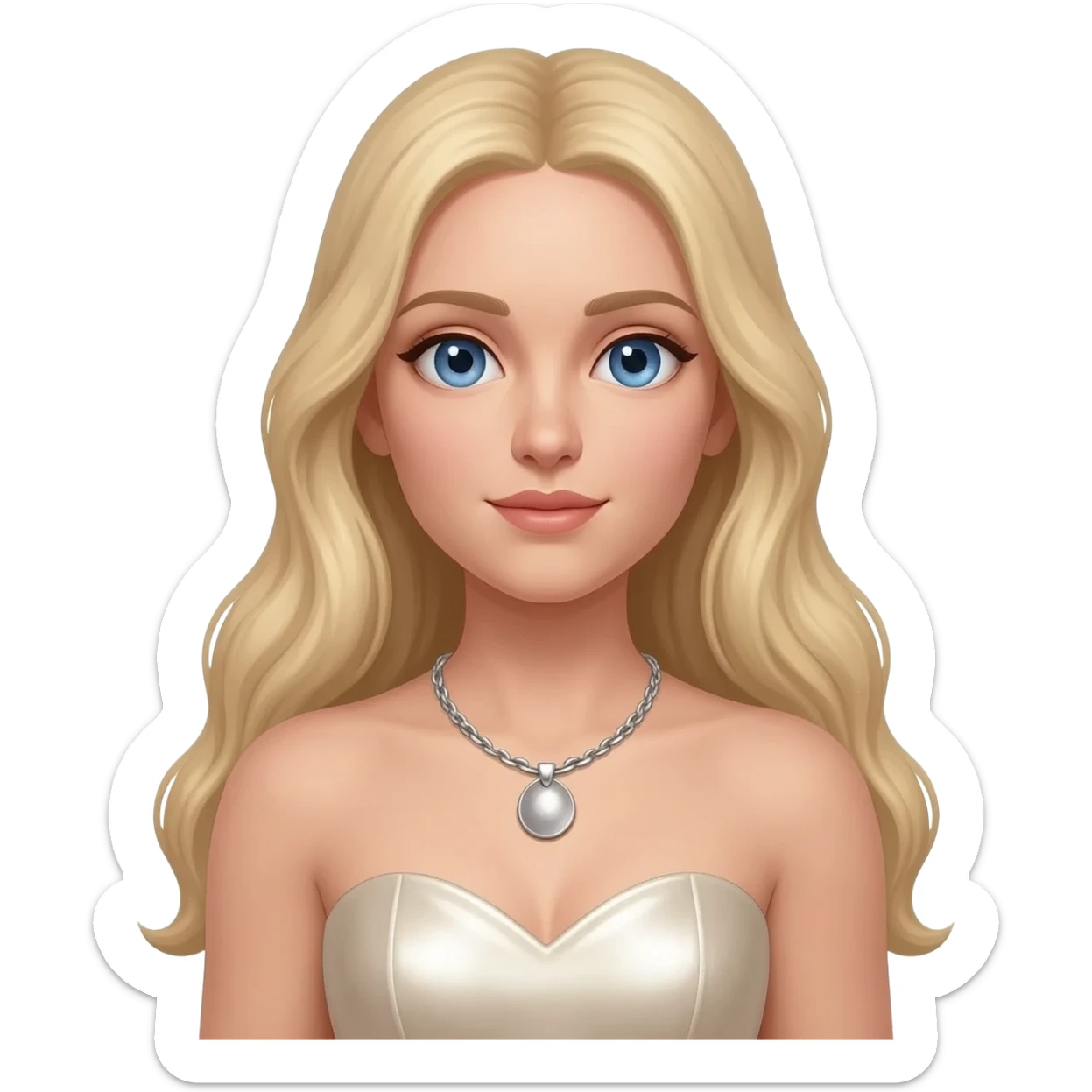 Madonna with blue eyes, long blonde hair, ivory metallic sweetheart dress, silver necklace sticker
