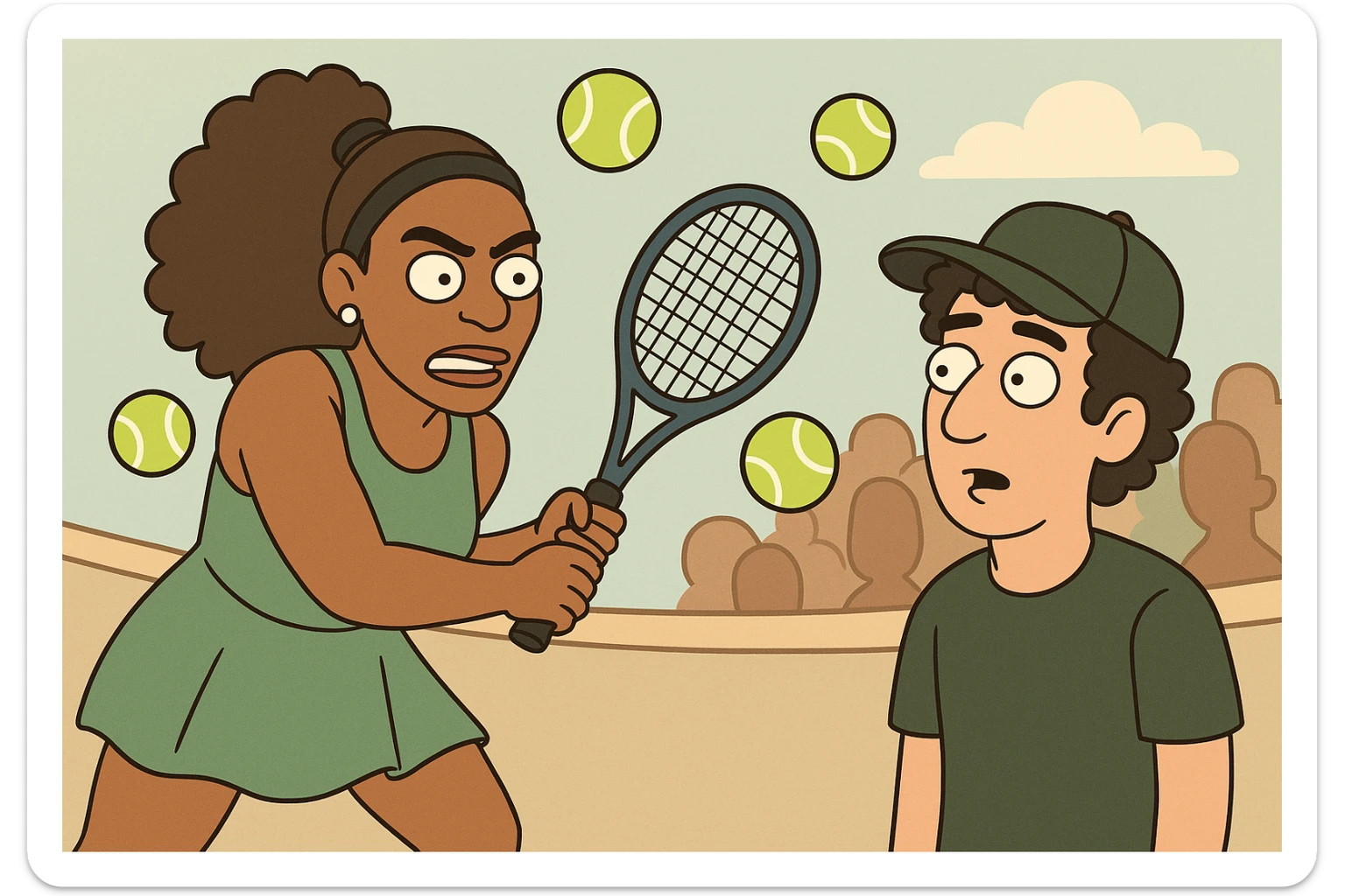 Serena Williams tennis Tennis balls a man black curly hair dark green a hat the people sticker