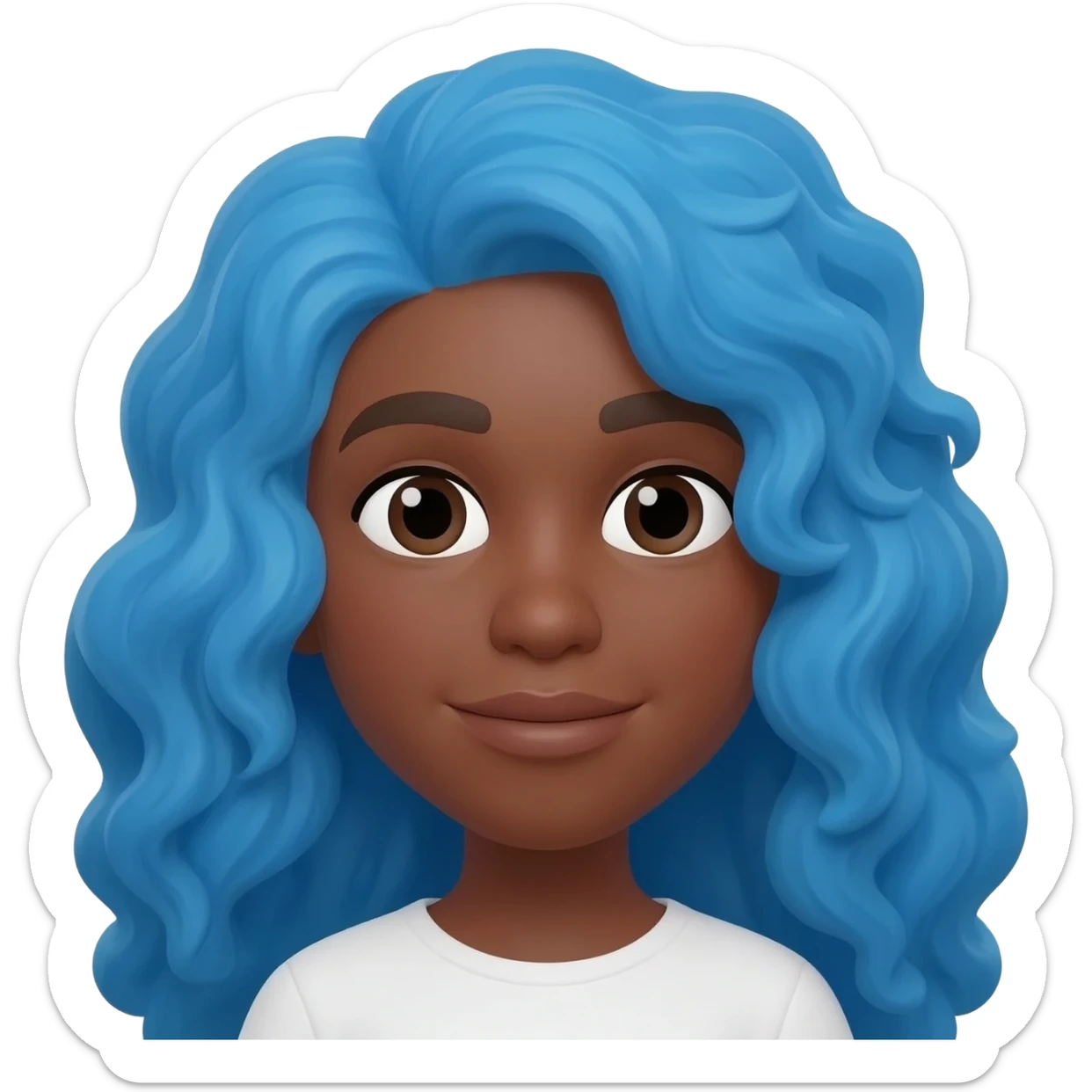 Yellow skin woman memoji with long curly blue hair sticker