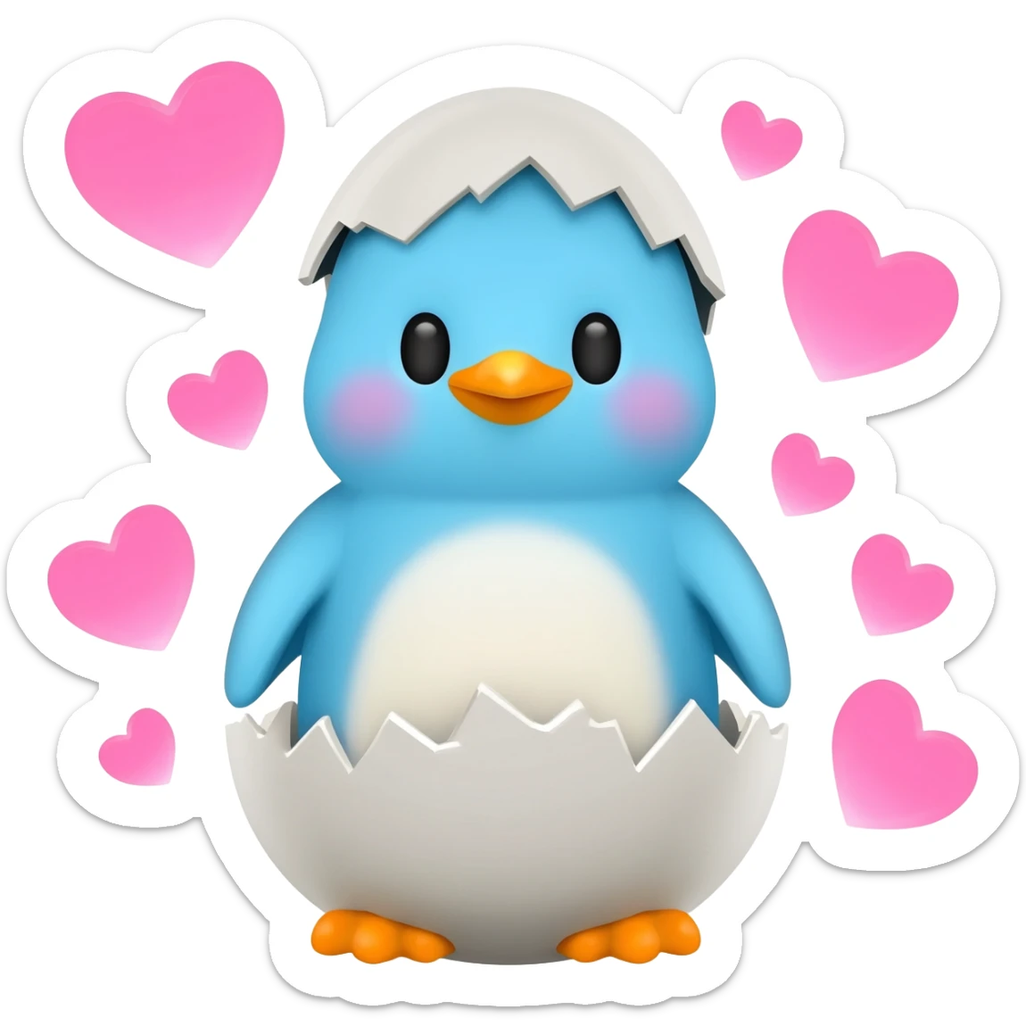 Light blue baby penguin surrounded by pink hearts while hatching out of an egg sticker