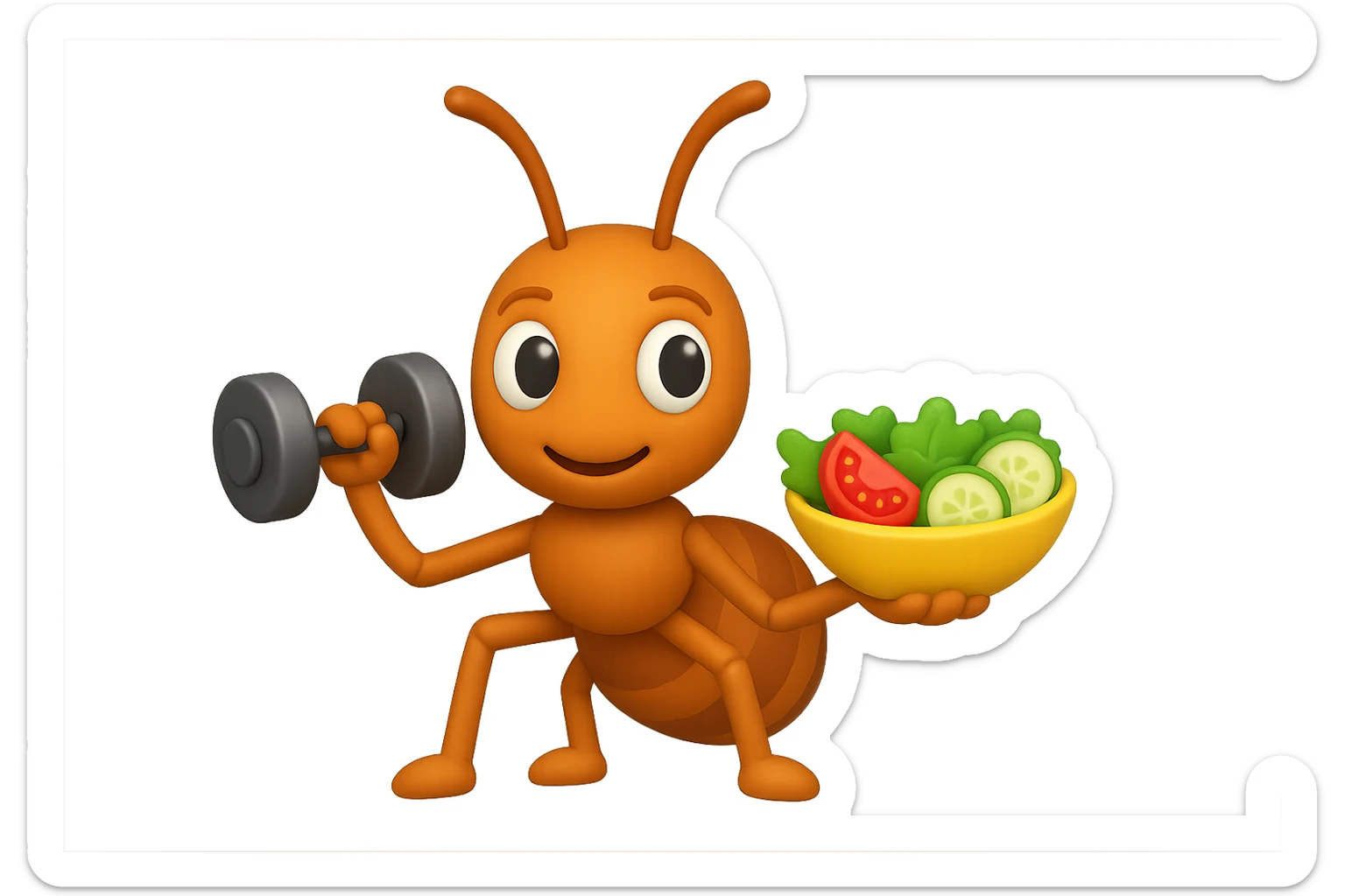 EMOJI STILE IPHONE 3D DI UNA formica CHE ha un manubrio da palestra nella mano destra e un insalata nella mano sinistra, FAGLI GLI OCCHI CON LA PARTE BIANCA, NON SOLO LA PUPILLA sticker