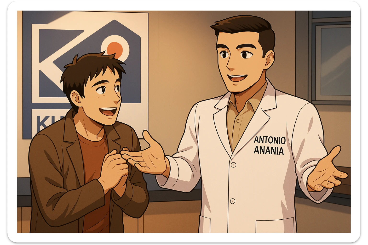  rappresenta un webtoon manga a colori con questo stile, in cui un uomo esclama una cosa entusiasta al kinesiologo con il camice bianco (fagli anche la scritta "ANTONIO ANANIA" SUL CAMICE), IL KINESIOLOGO lo aspetta a braccia aperte. l'espressione dell'uomo è felice e soddisfatta, non fare i fumetti però, fai solo in modo che sembri stiano parlando sticker