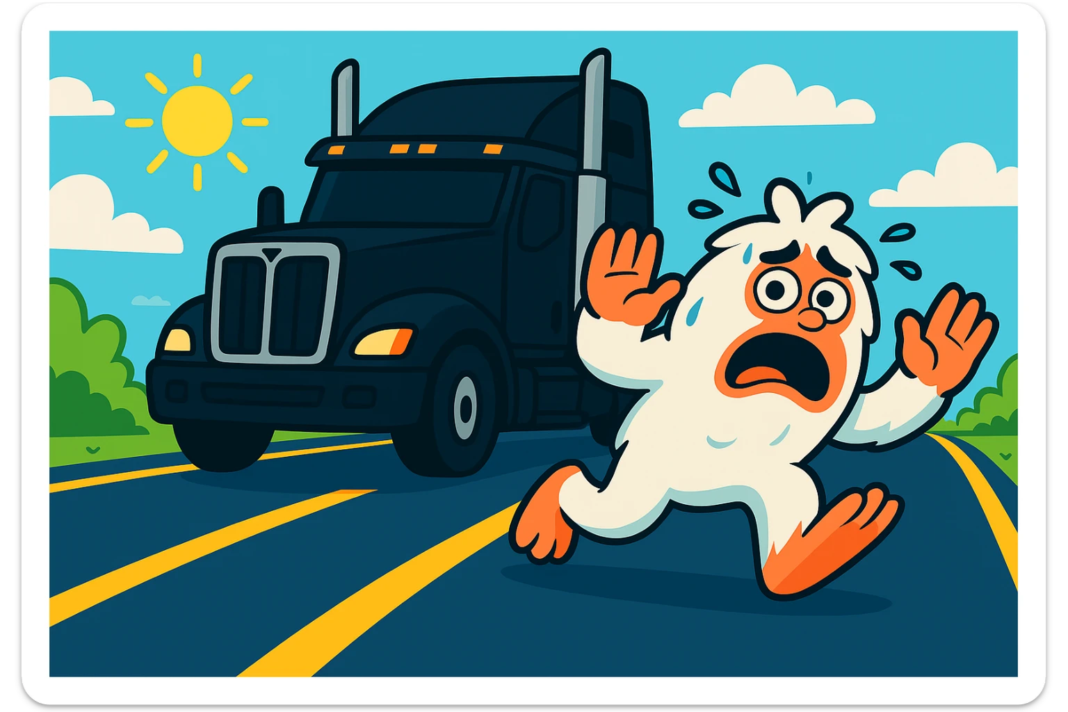 Edit the image to place the abominable snowman and the black semi truck on the same side of the highway. Keep the snowman small and scared, positioned in front with the semi truck behind it at a 45-degree angle. Maintain the bright, distant highway view as in the original image. sticker