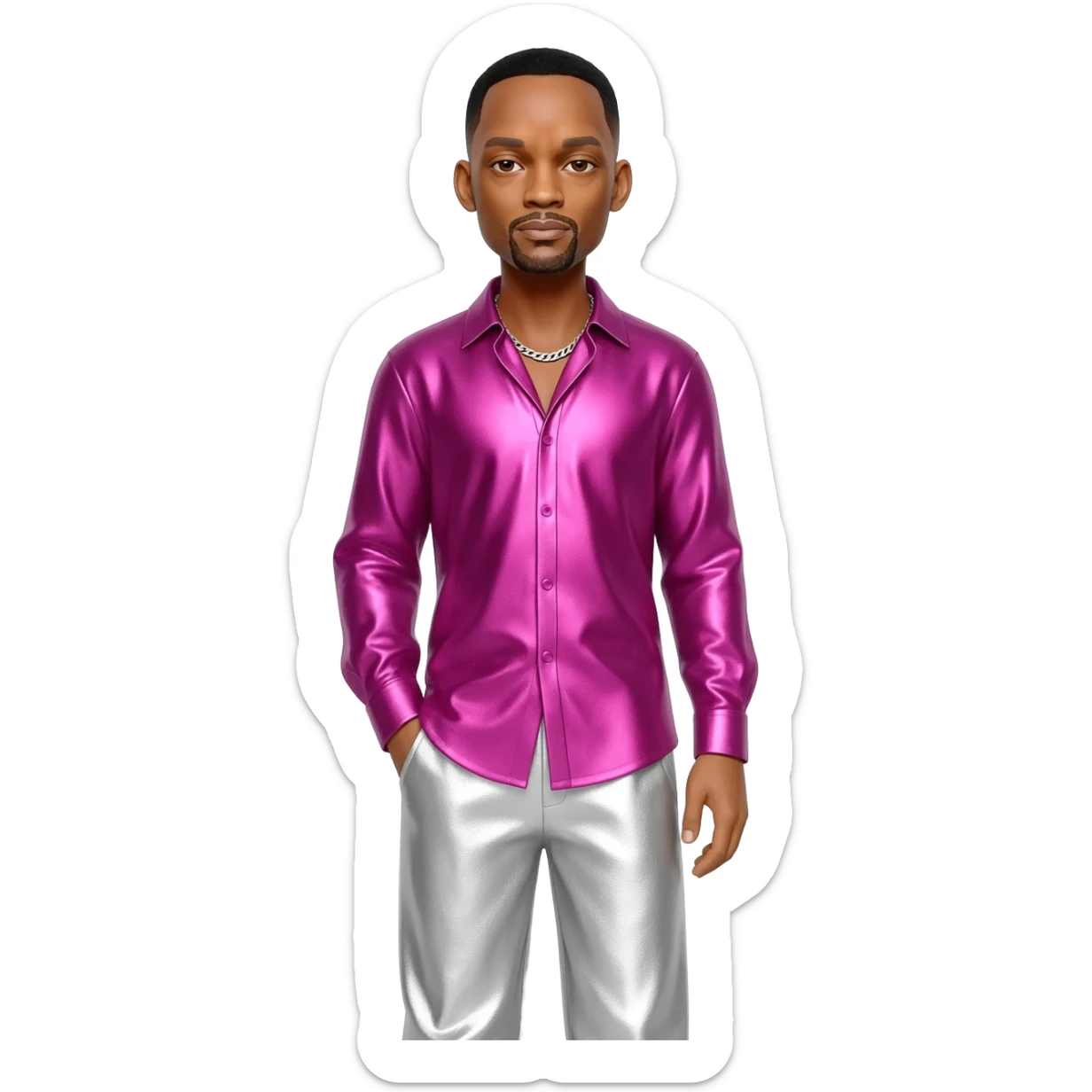 Will Smith with black hair, fuchsia metallic shirt, white metallic baggy pants, silver necklace sticker