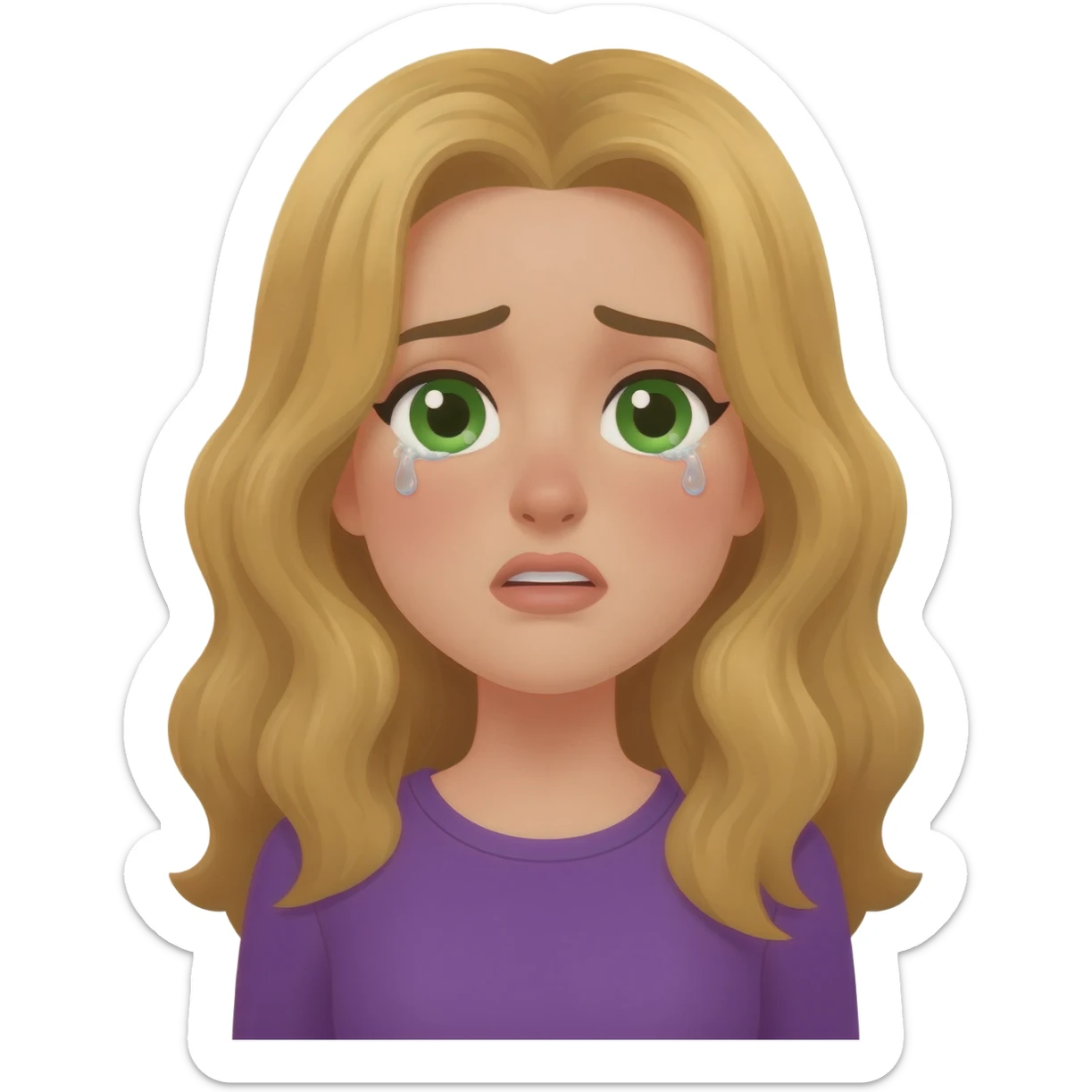 lady with long wavy blonde hair, purple top, green eyes, sneezing with tearful eyes sticker