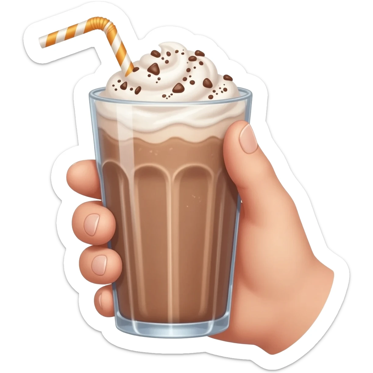 chocolat froid dans un grand verre avec une paille tenue par une jolie main de femme Style Pinterest réaliste sticker