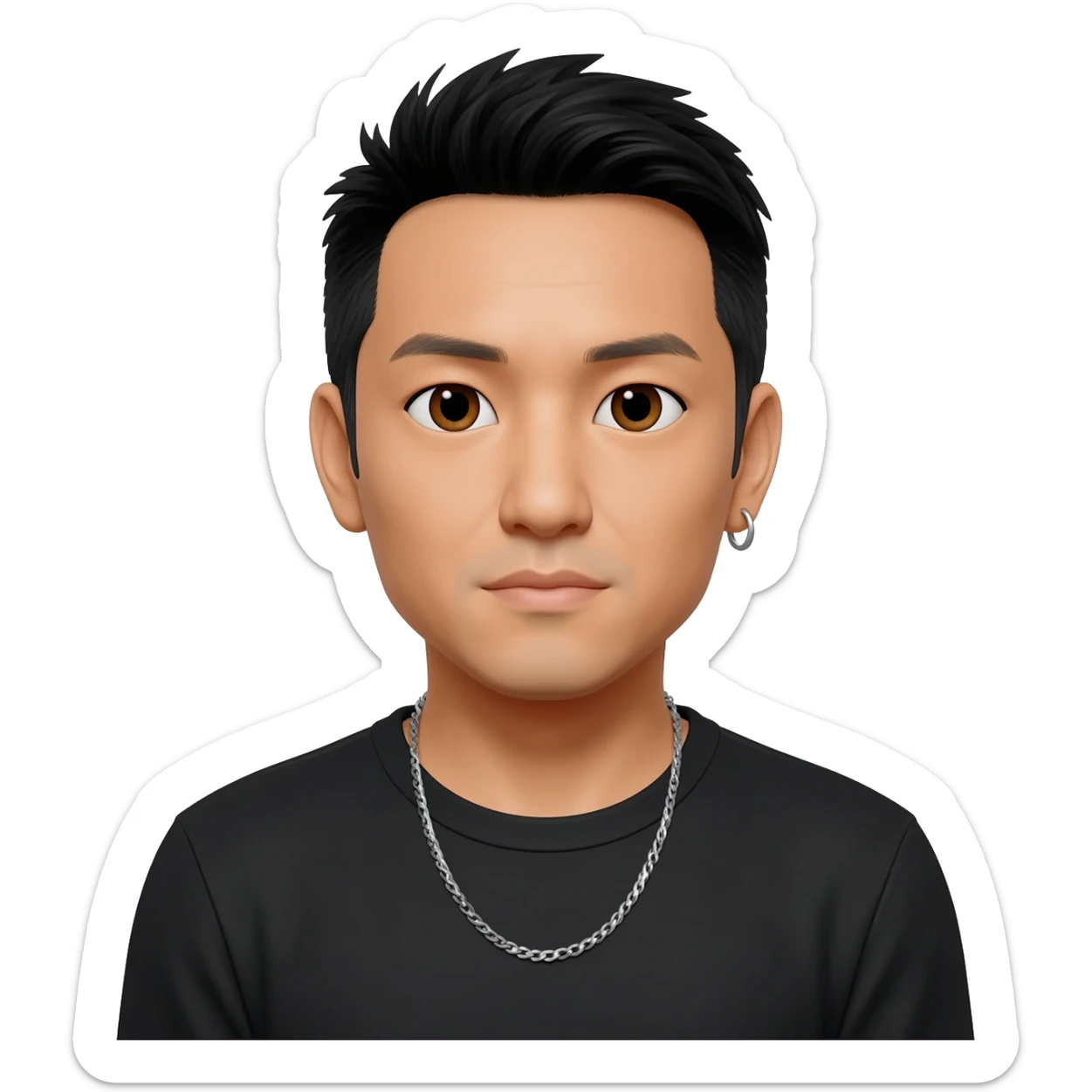 Mike Shinoda with brown eyes, black hair, black metallic t-shirt, silver necklace sticker