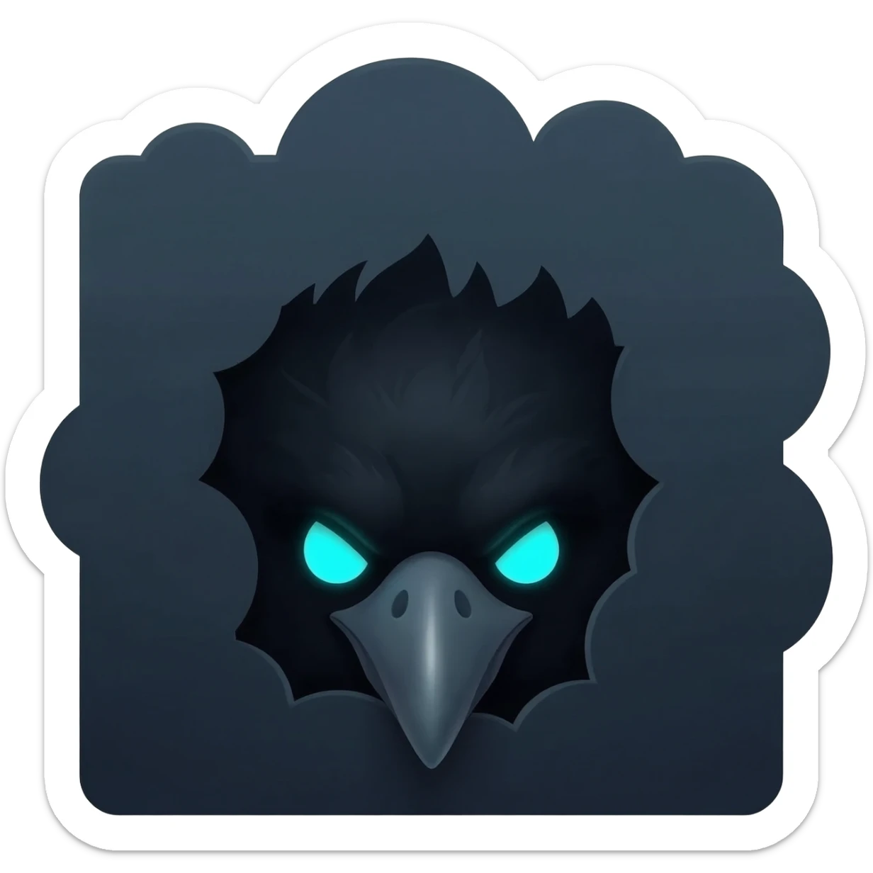 Just the raven's head and its two glowing cyan eyes peeking from behind a dark, stylized wall (like a bush from the sketch style, but darker). sticker