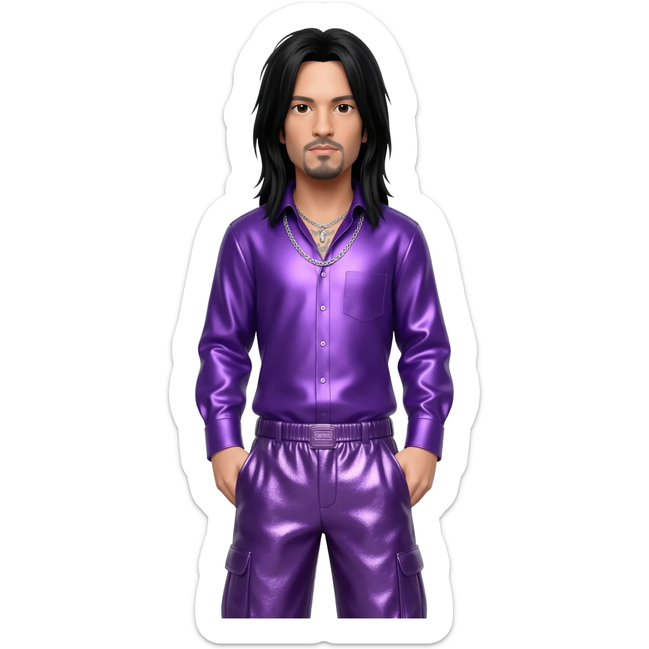 Jonathan Davis with long black hair, purple metallic shirt, purple metallic baggy pants, silver necklace sticker