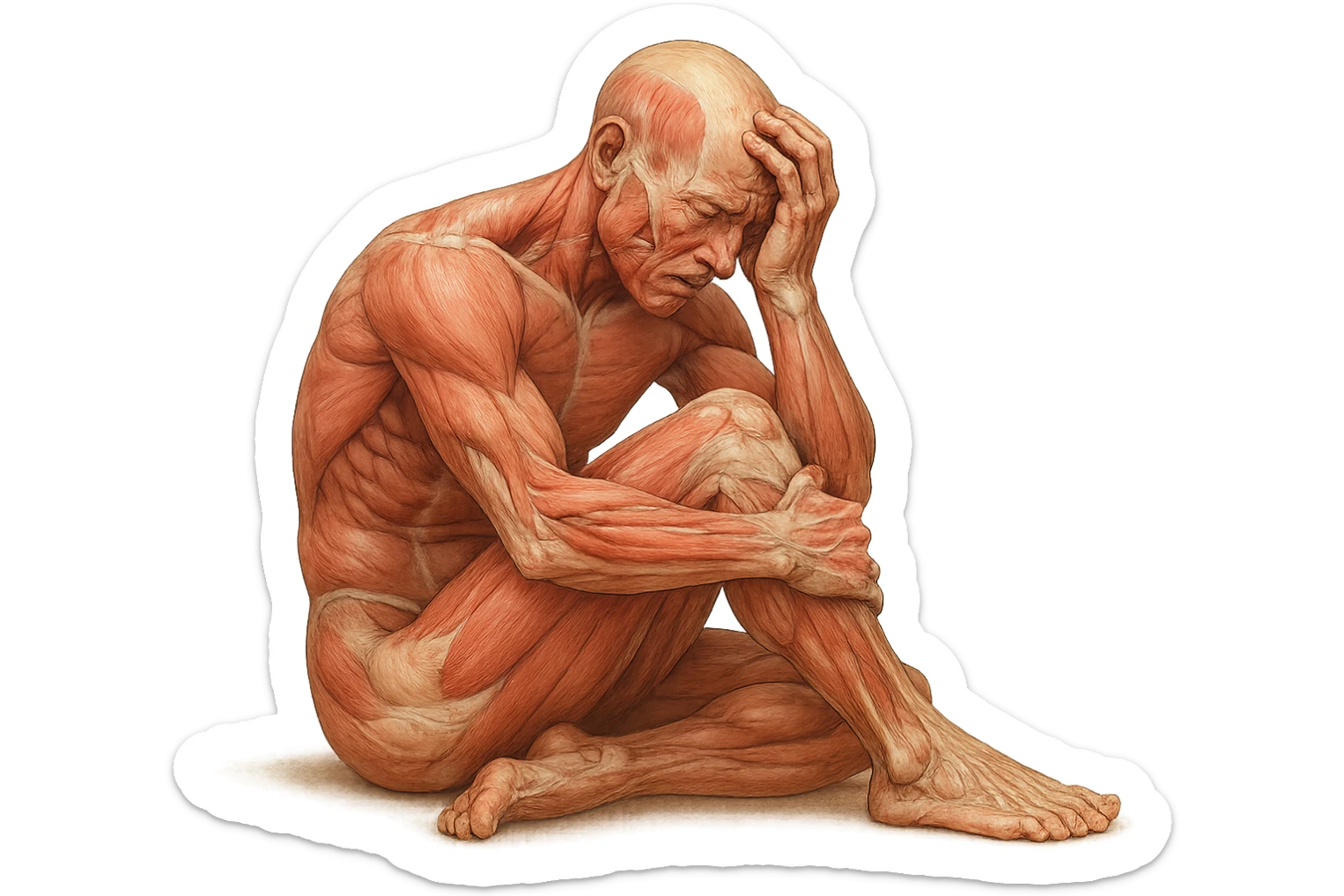 corpo umano anatomico realistico seduto a terra con postura delle spalle chiuse, mani sulla fronte ed espressione disperata in volto, isolato su sfondo bianco sticker