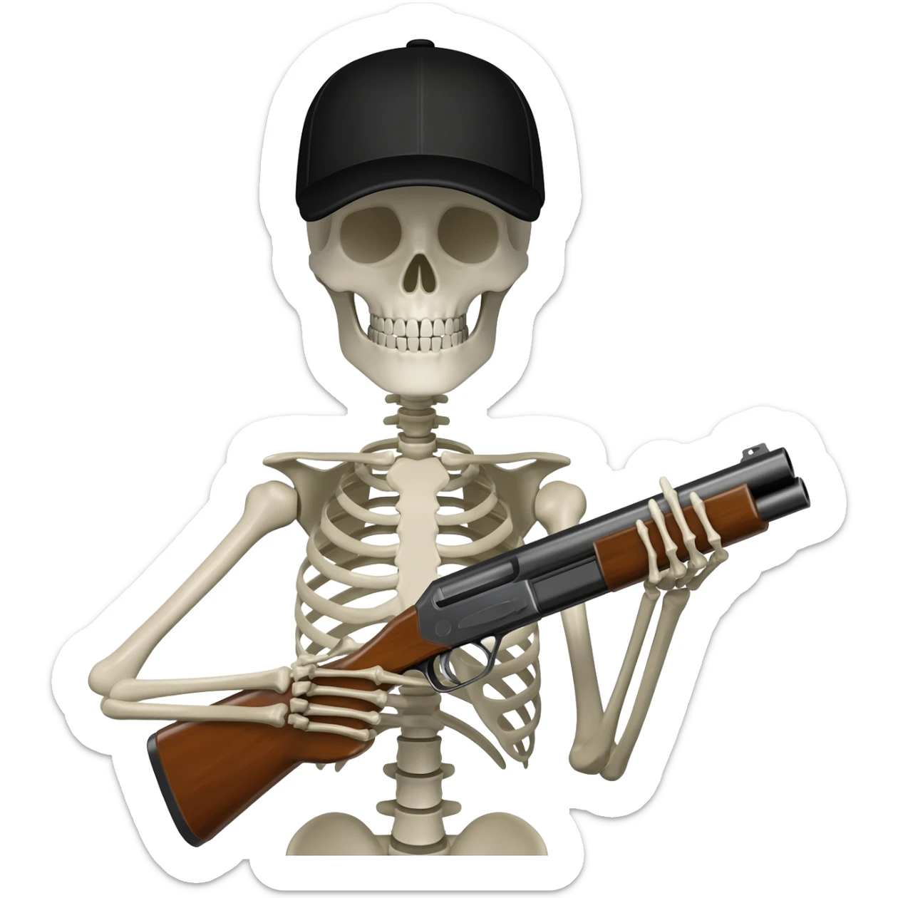 A skeleton wearing a black baseball cap holding a shotgun at you sticker