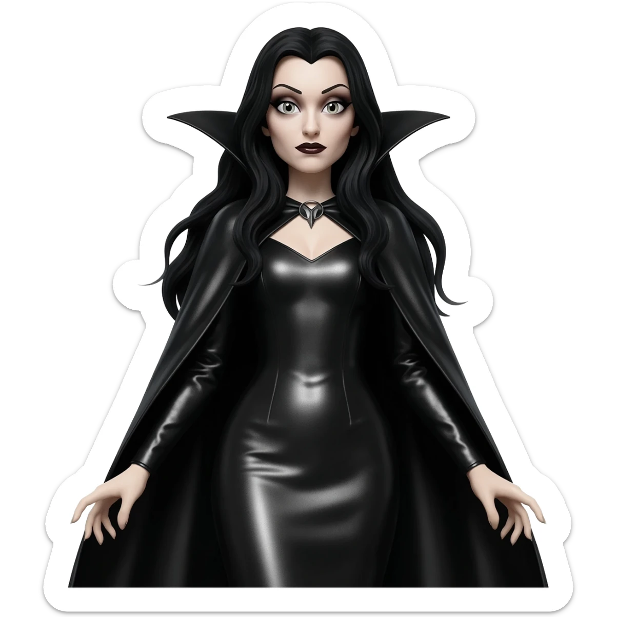 Countess Dracula from Universal Monsters with long black hair, black metallic long dress, black metallic long cape sticker