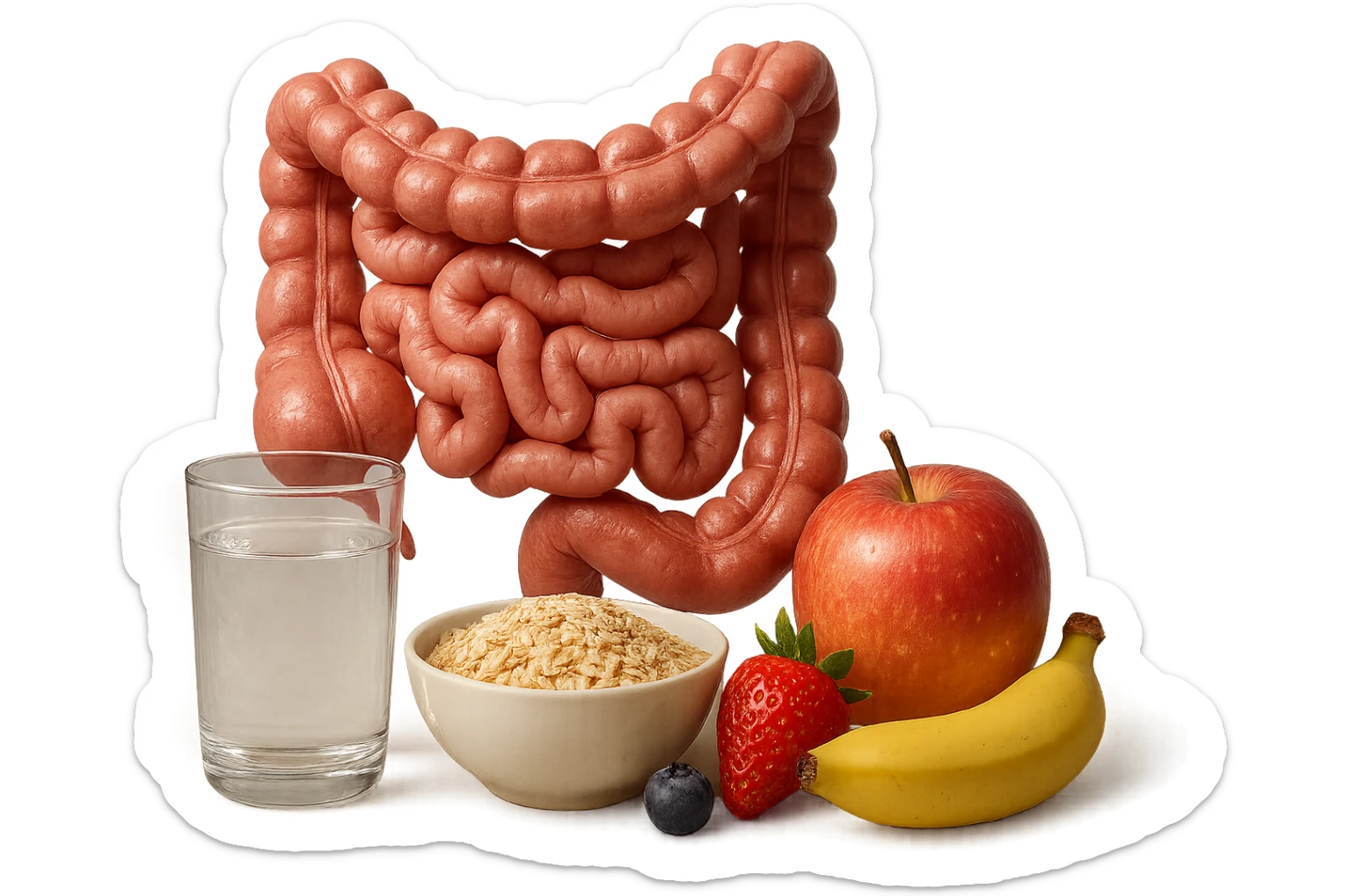 intestino umano anatomico sullo sfondo, davanti a lui un bicchiere di acqua, una bowl di avena e un po' di frutta mista, iperrealistici 4k sticker