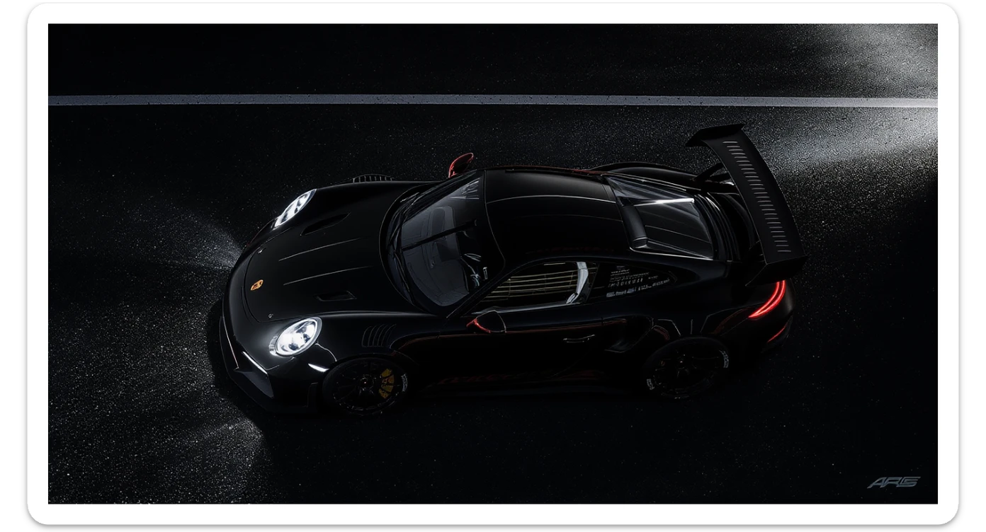 Editorial shot of a porsche 911 gt3 rs, top dutch angle, black voide around, top spotlight, captured on arri alexa sticker