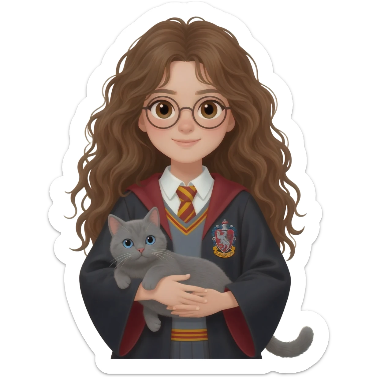 Asian girl with long messy wavy brown hair and brown eyes wearing Ravenclaw robe from Harry Potter, holding a gray cat with blue eyes in hands sticker