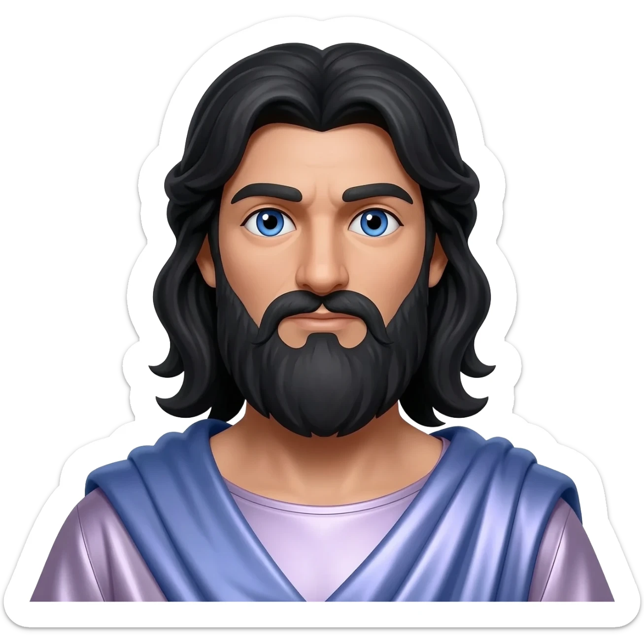 Jupiter from Roman Mythology with blue eyes, long black hair and beard, pale purple metallic tunic, light steel blue metallic cloak sticker