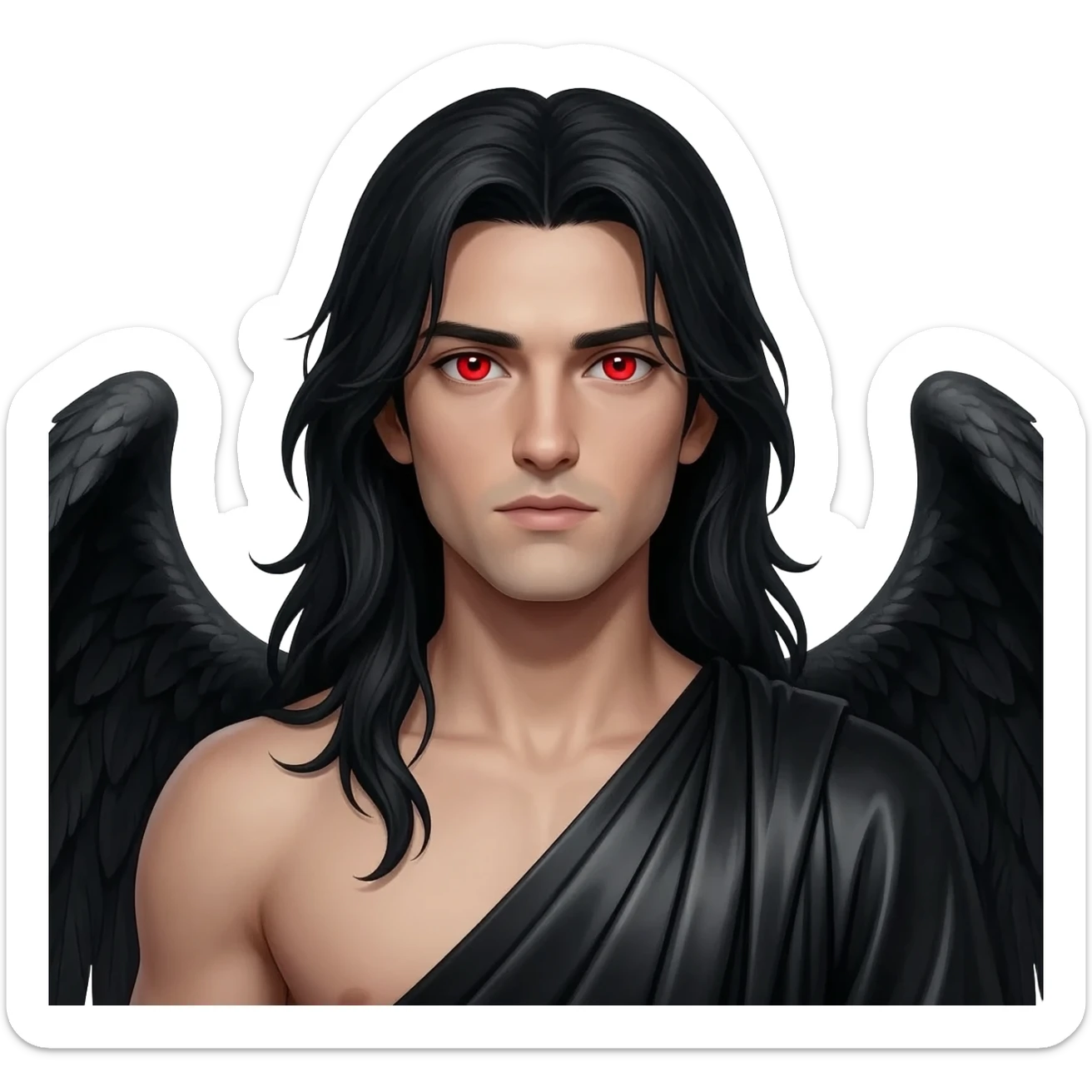 Male Fallen Angel from Christian Mythology with red eyes, long black hair, black metallic toga sticker