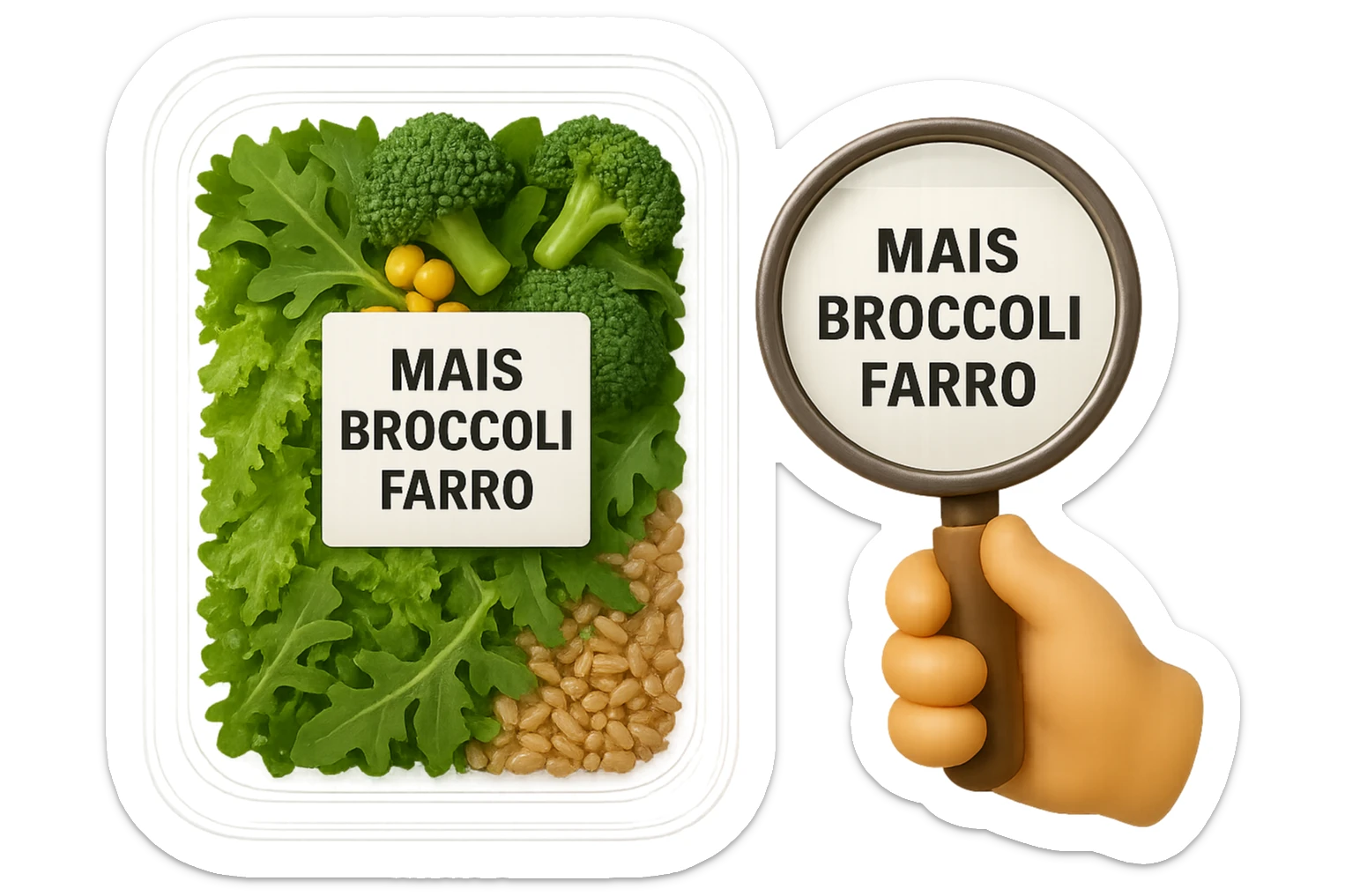 SU QUESTO STILE FAI UN EMOJI STILE IPHONE 3D DI UN INSALATA PRECONFEZIONATA DA SUPERMERCATO CON FOCUS SU ETICHETTA NUTRIZIONALE CON GLI INGREDIENTI IN ITALIANO TIPO: MAIS, BROCCOLI, FARRO, ACCANTO ALL'INSALATA CHE HA IN MANO C'è UN FOCUS SULL'ETICHETTA CON GLI INGREDIENTI SCRITTI, FALLO MOLTO REALISTICO IN 3D sticker
