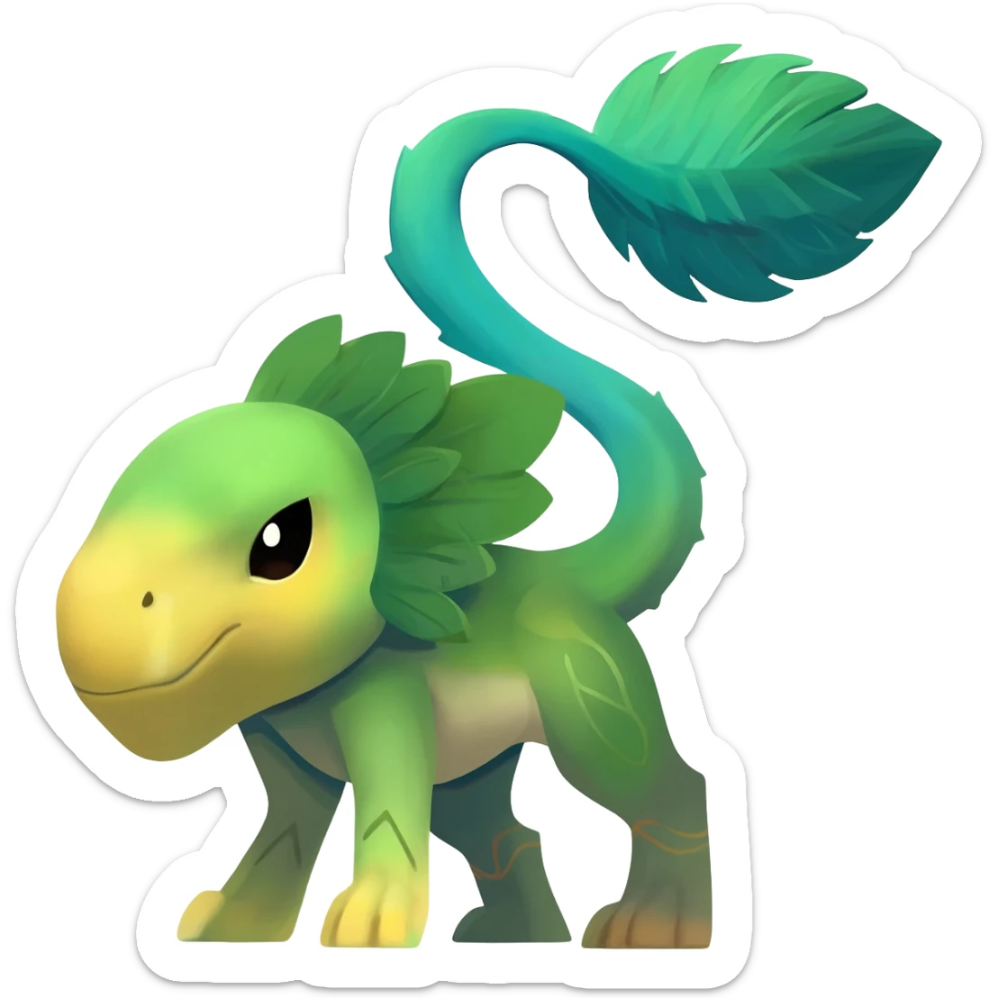  Tropical feathery shamanic cultural Greenish beautiful handsome gorgeous aesthetic colorful vibrant Vernid-Trico-species-Fakemon-creature by LiLaiRa, 4 legs, 1 tail, random markings, (full body) sticker