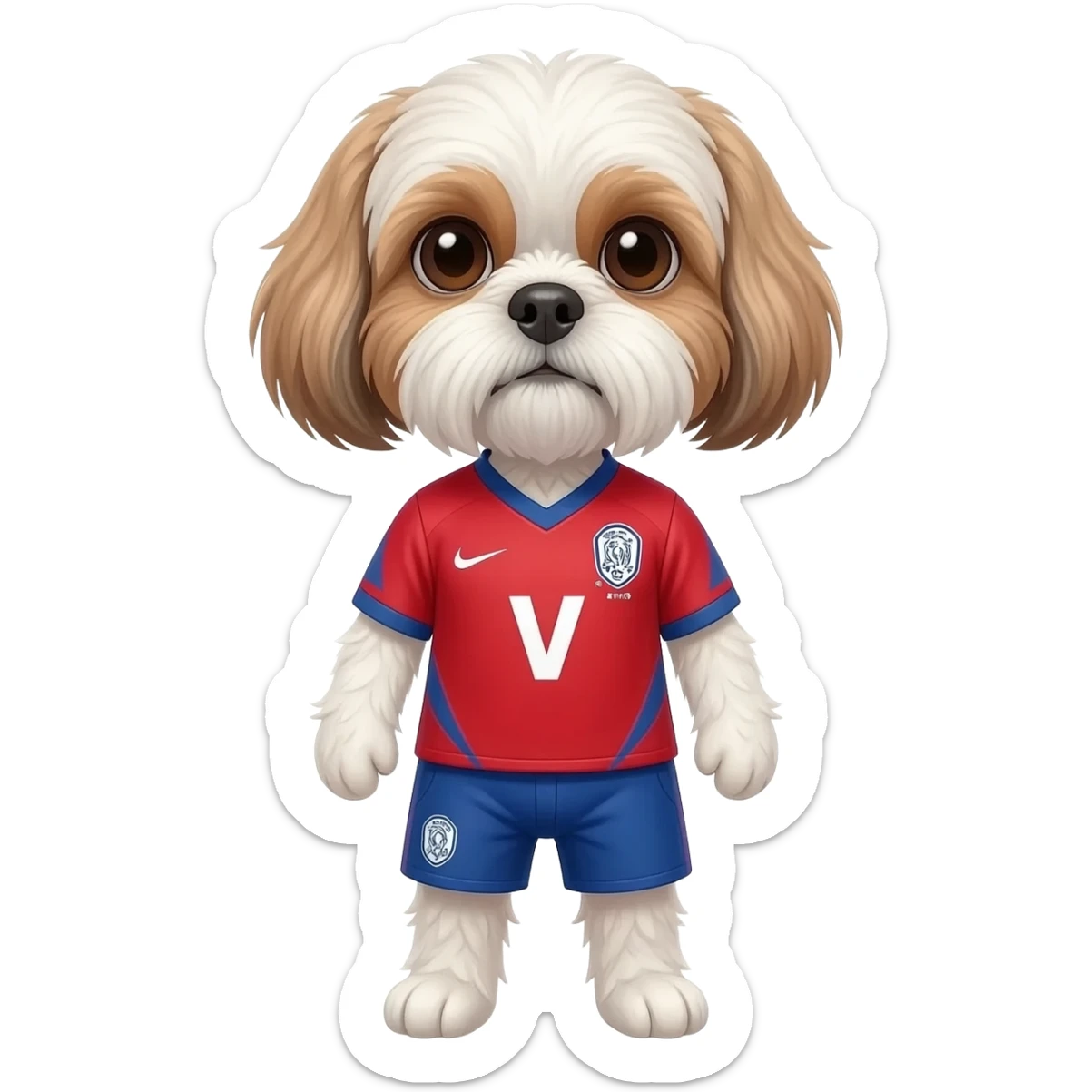 white and light brown shih zhu wearing a South Korea soccer jersey v neck 2026 work cup sticker