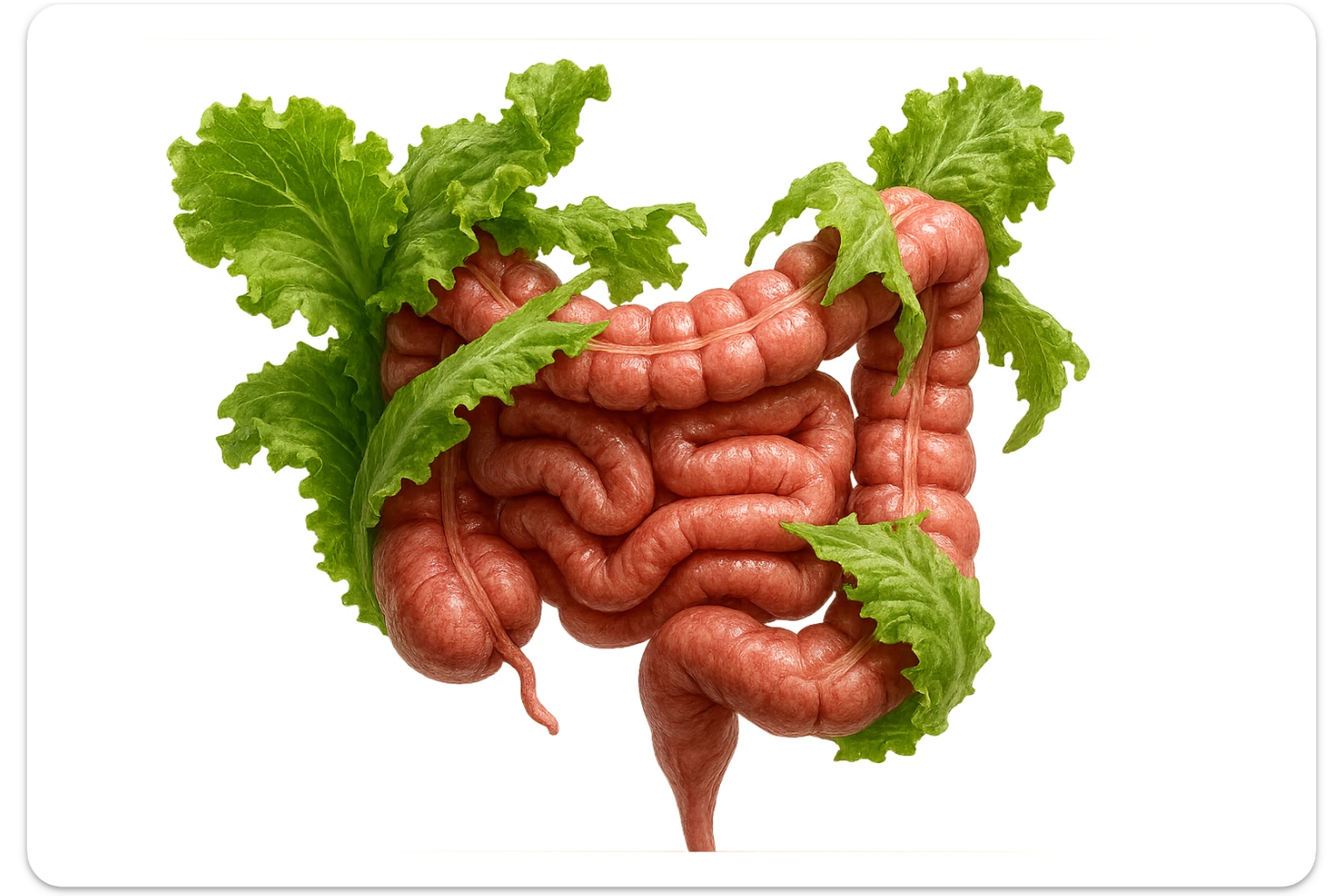 foglie di insalata che attaccano un intestino anatomico umano per distruggerlo, iperrealistico sticker