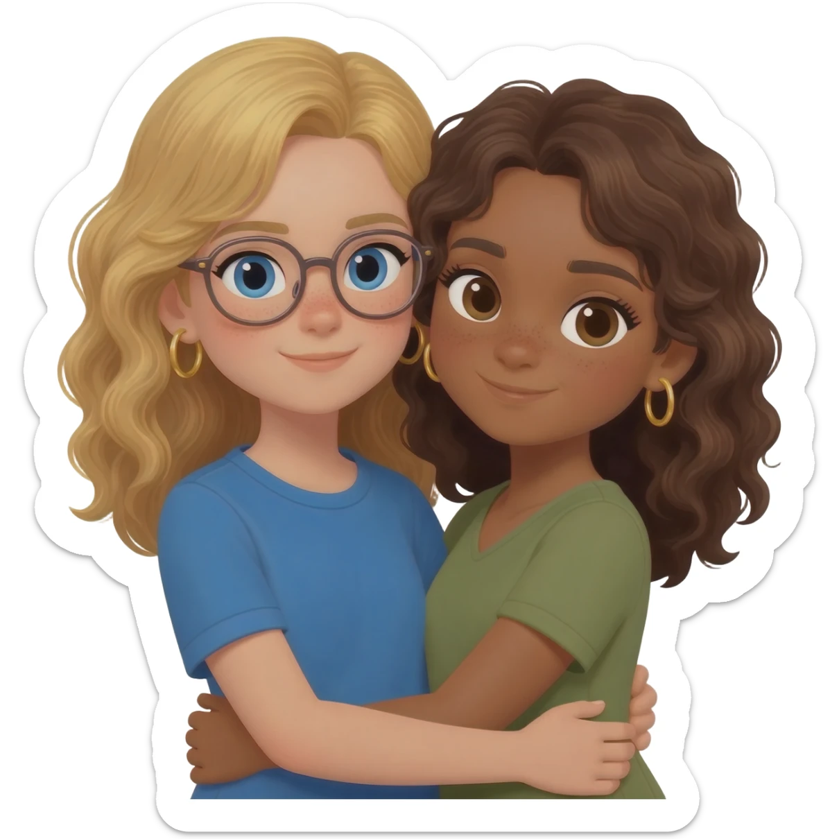 tan girl with blond wavy hair blue eyes no glasses age 10 gold hoop earrings wearing a blue top with an olive skin girl with brown wavy hair  small gold hoop earrings hugging each other sticker