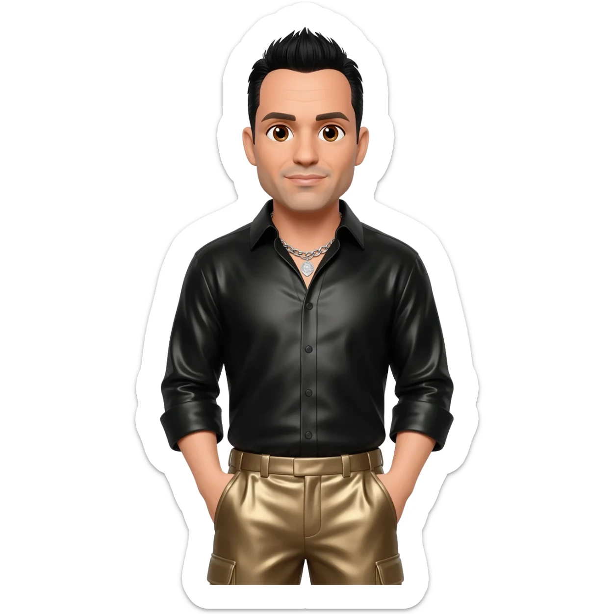 Steve-O with brown eyes, black hair, black metallic shirt, taupe metallic baggy pants, silver necklace sticker