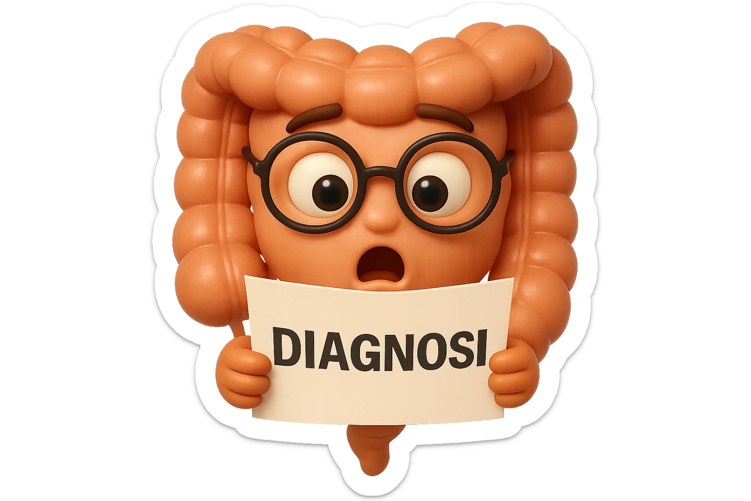 EMOJI STILE IPHONE DI UN INTESTINO CON GLI OCCHIALI CHE LEGGE UN FOGLIO CON LA SCRITTA DIAGNOSI, ESPRESSIONE STUPITA IN VOLTO, IPERREALISTICO 4K sticker