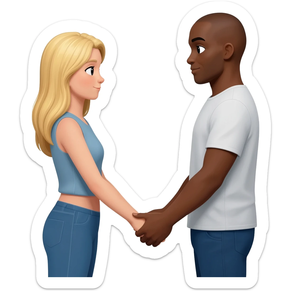 Blonde woman holding hangs with black man with shaved head sticker