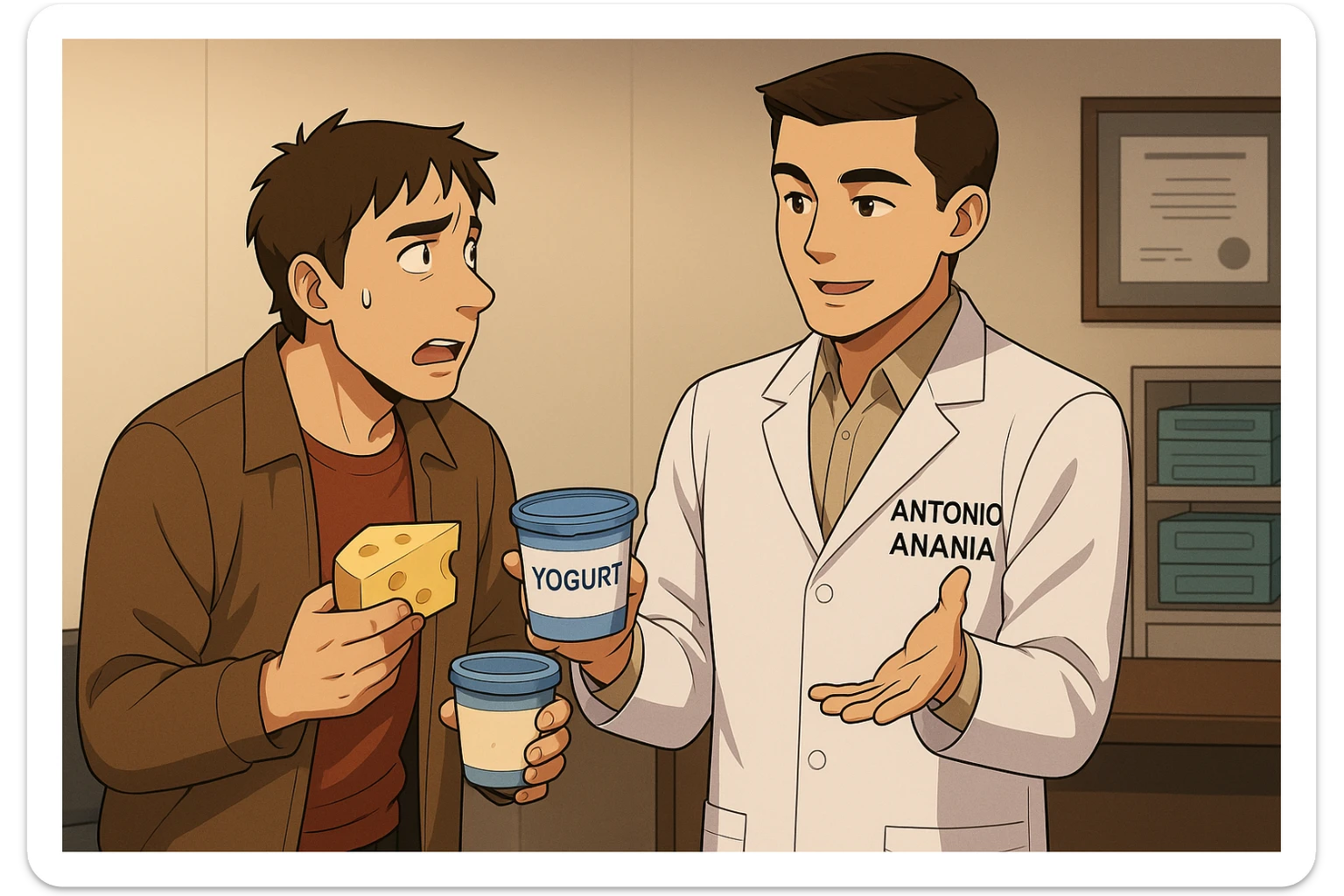 fai un webtoon manga a colori con questo stile, in cui un uomo fa una domanda al kinesiologo con il camice bianco (fagli anche la scritta "ANTONIO ANANIA" SUL CAMICE, l'uomo chiede una cosa mostrando un formaggio e uno yogurt al kinesiologo con il camice, IL KINESIOLOGO annuisce e SPIEGA ALL'UOMO UNA cos. L'UOMO ha un ESPRESSIONE CONFUSA IN VOLTO. non fare i fumetti però, fai solo in modo che sembri stiano parlando sticker