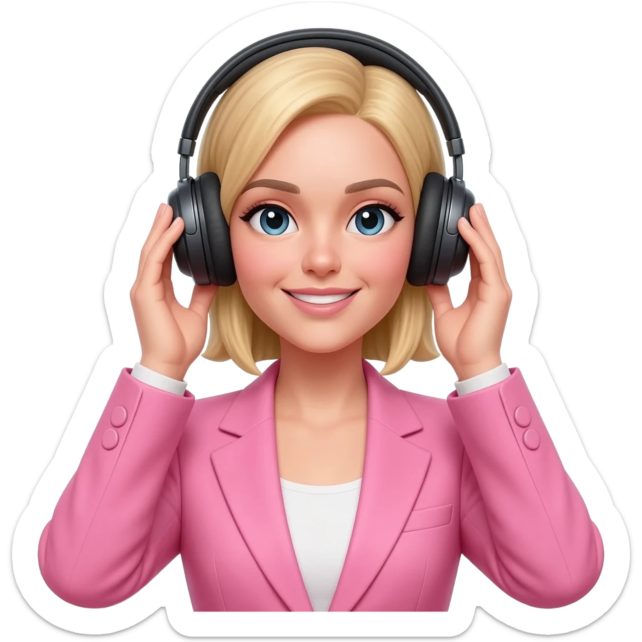 Woman in blonde hair and pink suit wear a black headphones on head connect to pink iphone max pro and hold on headphones on head with hands on headphones sticker