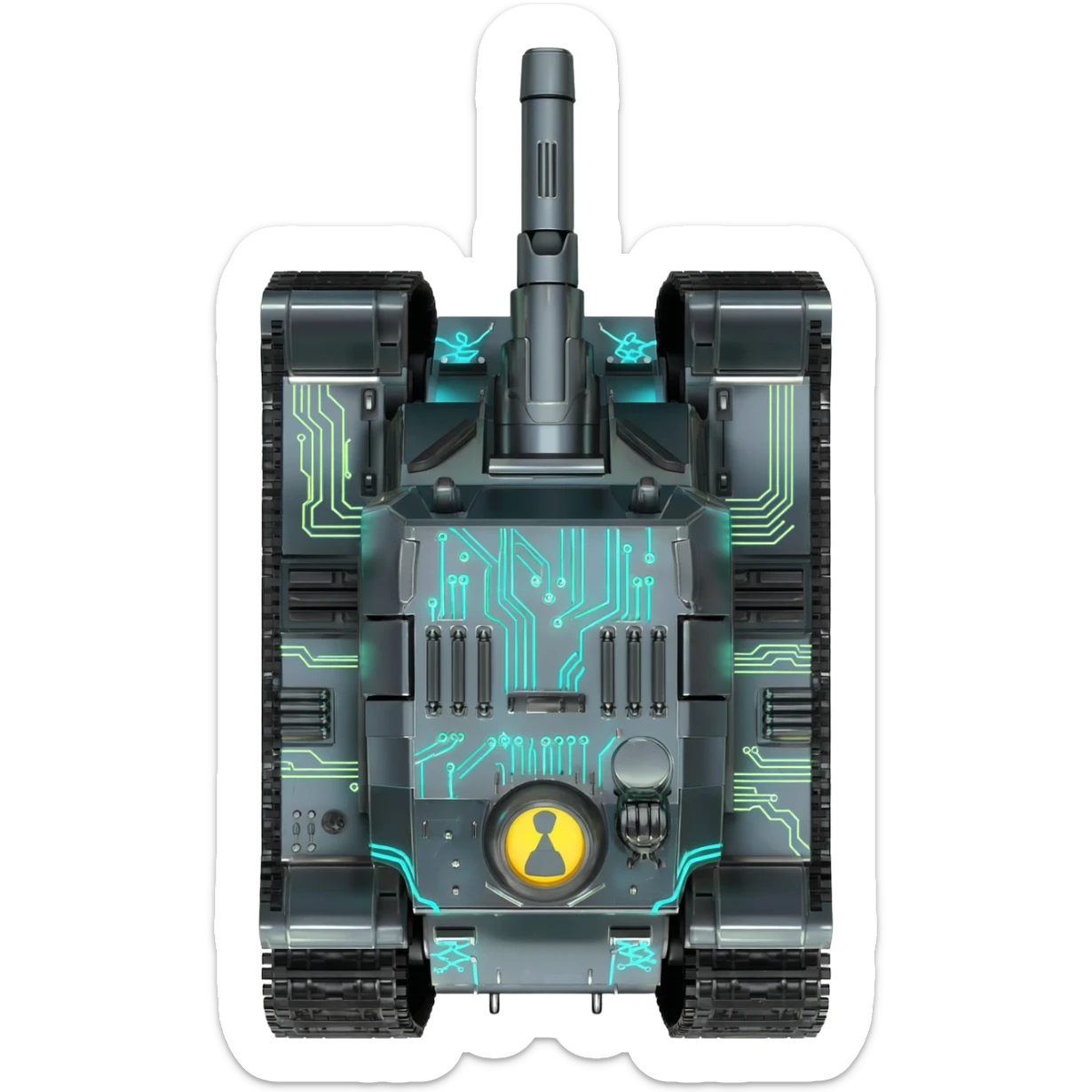 A top down view of a robot with tank tracks, in a cyber punk futuristic style far beyond what is currently available today, from the year 3000, the camera needs to be directly above the robot looking down sticker