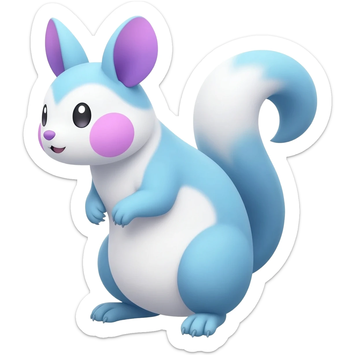 Light-pastel-Cyan-white-blue-gradients electric type rodent-chinchilla-squirrel-gerbil-jerboa-Pachirisu-Minccino-Pokémon-Fakémon-fusion-hybrid-Pokémon-animal-creature, full body with purple-violet-pinkish round cheek markings  sticker