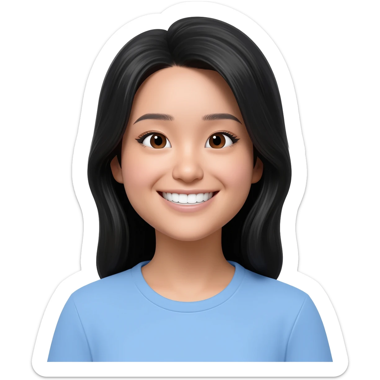 an asian woman with black hair in light blue t-shirt sticker