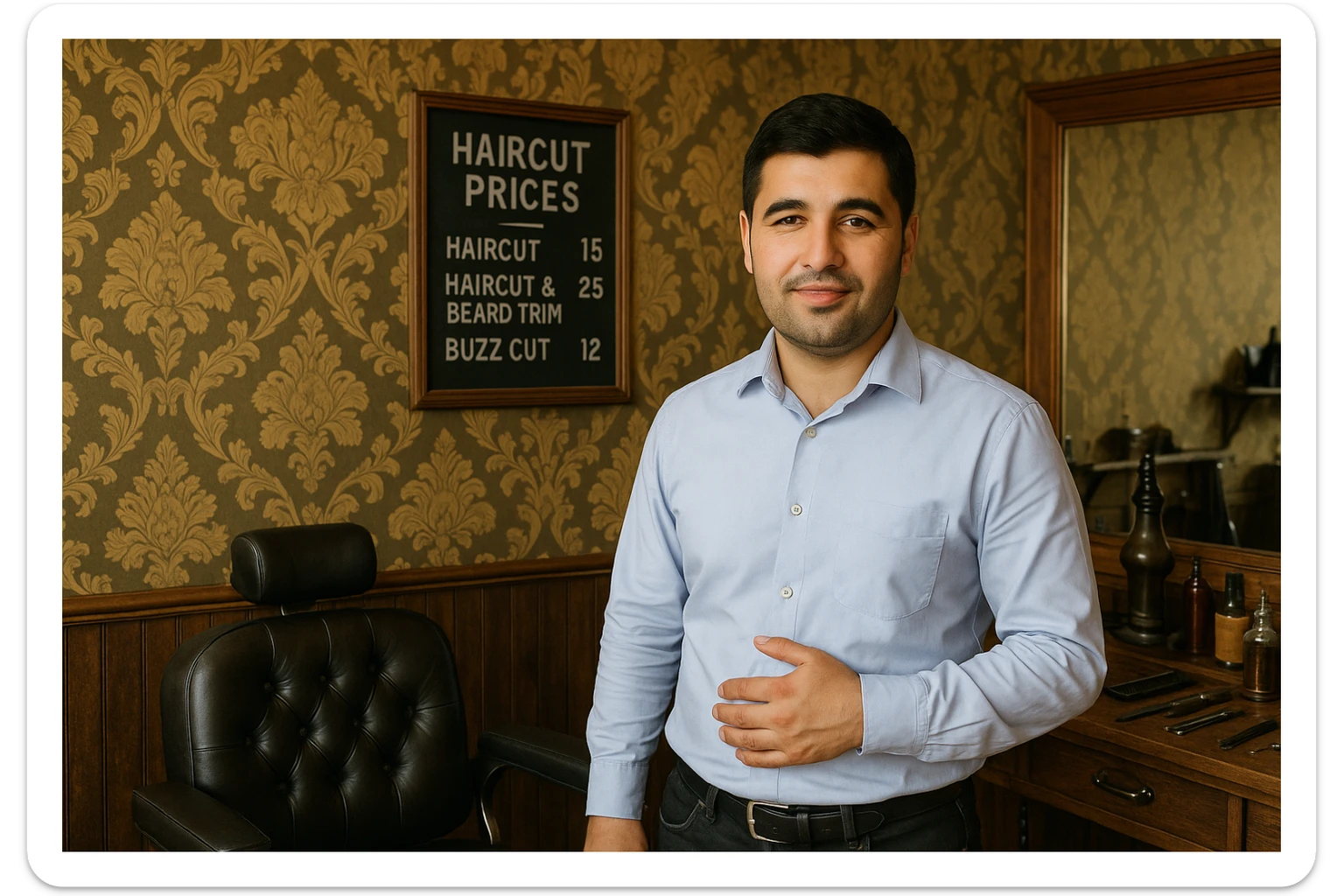 Draw me a picture of a barbershop that looks like this guy working in a barbershop. The barbershop doesn't have to be very modern. It should be on a medium floor. Also draw a blackboard on the wall. It should have the prices for haircuts there. sticker